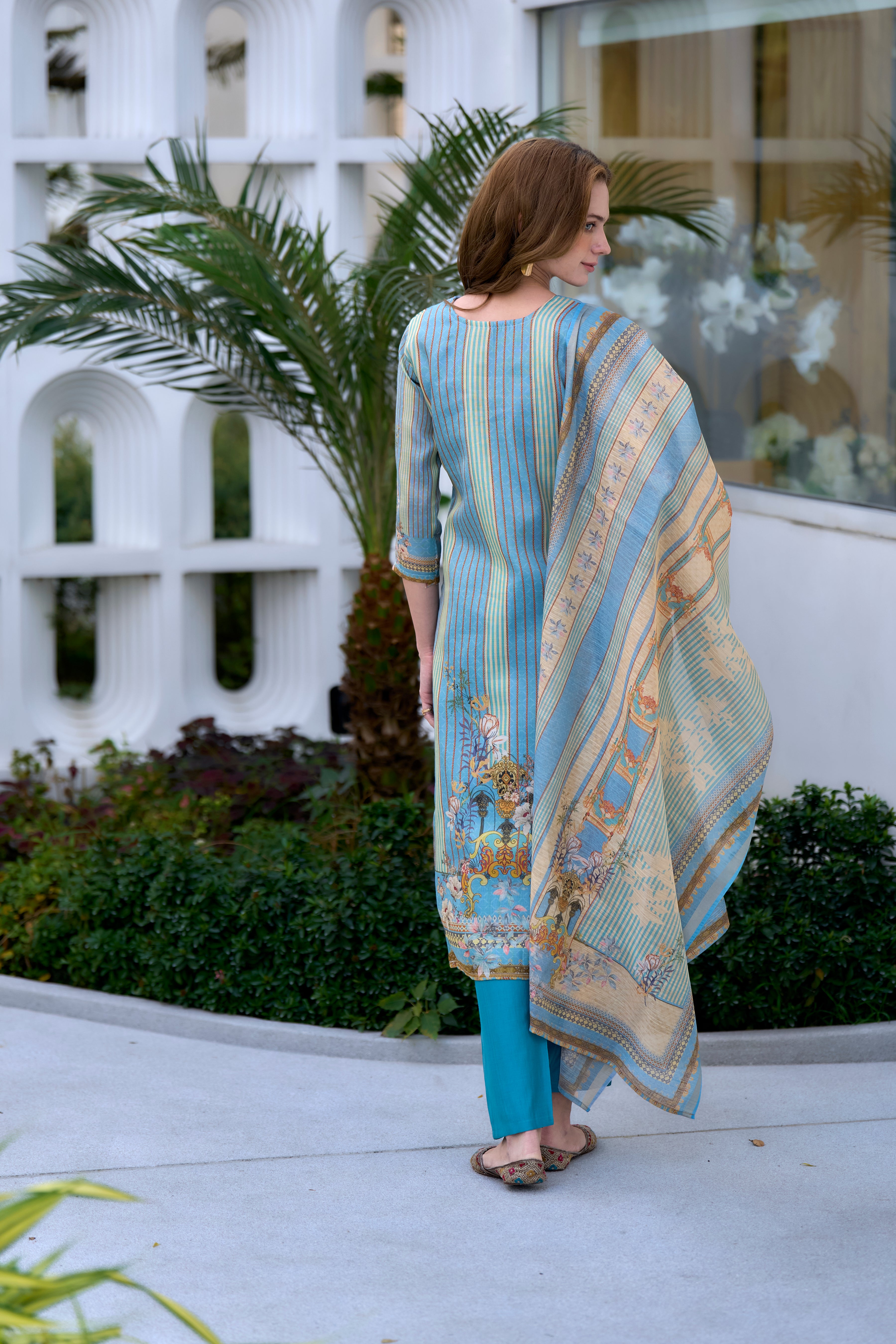 Her Couture Women's Sky Blue Silk Blend Geometric Straight Kurta With Pant & Printed Dupatta