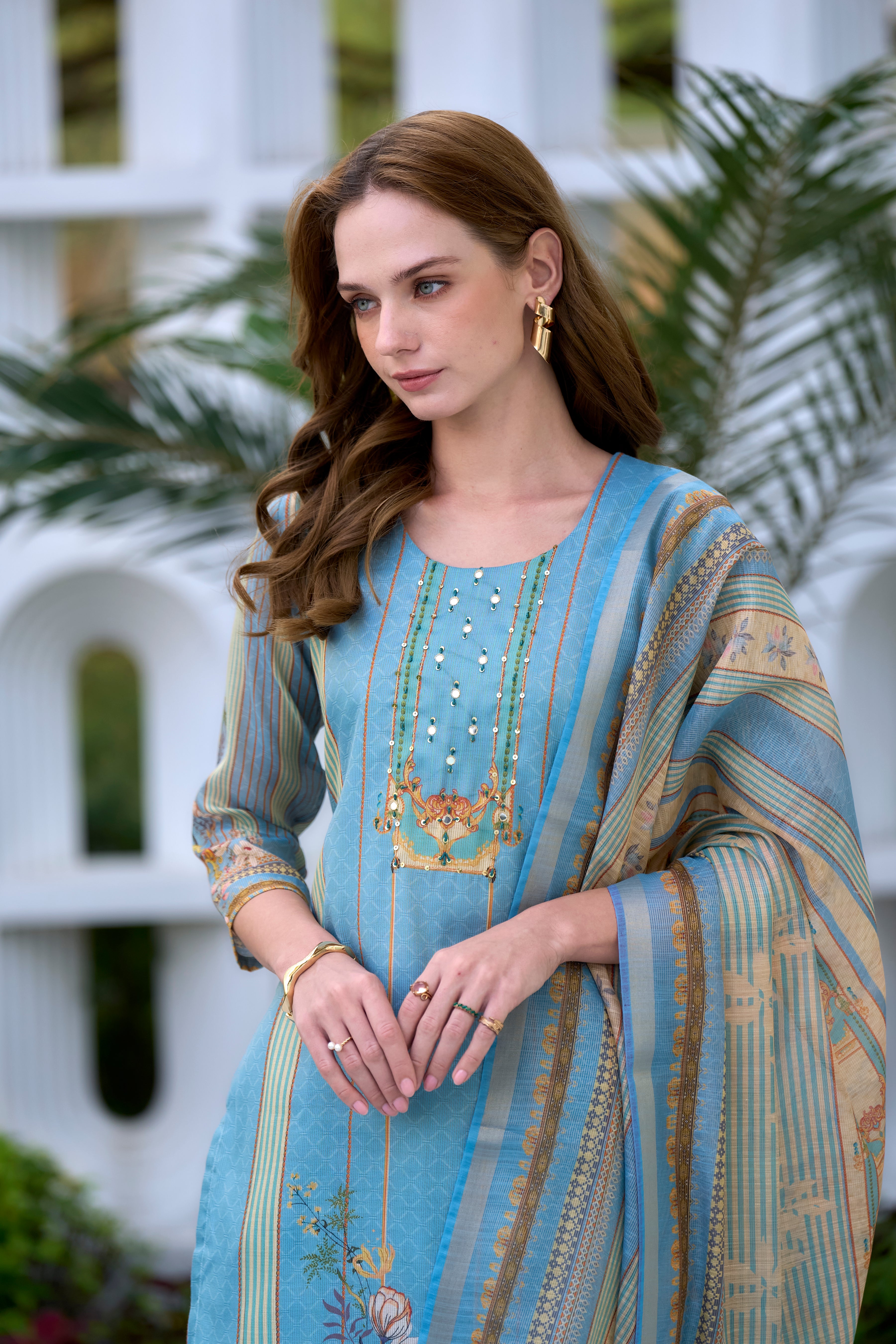 Her Couture Women's Sky Blue Silk Blend Geometric Straight Kurta With Pant & Printed Dupatta