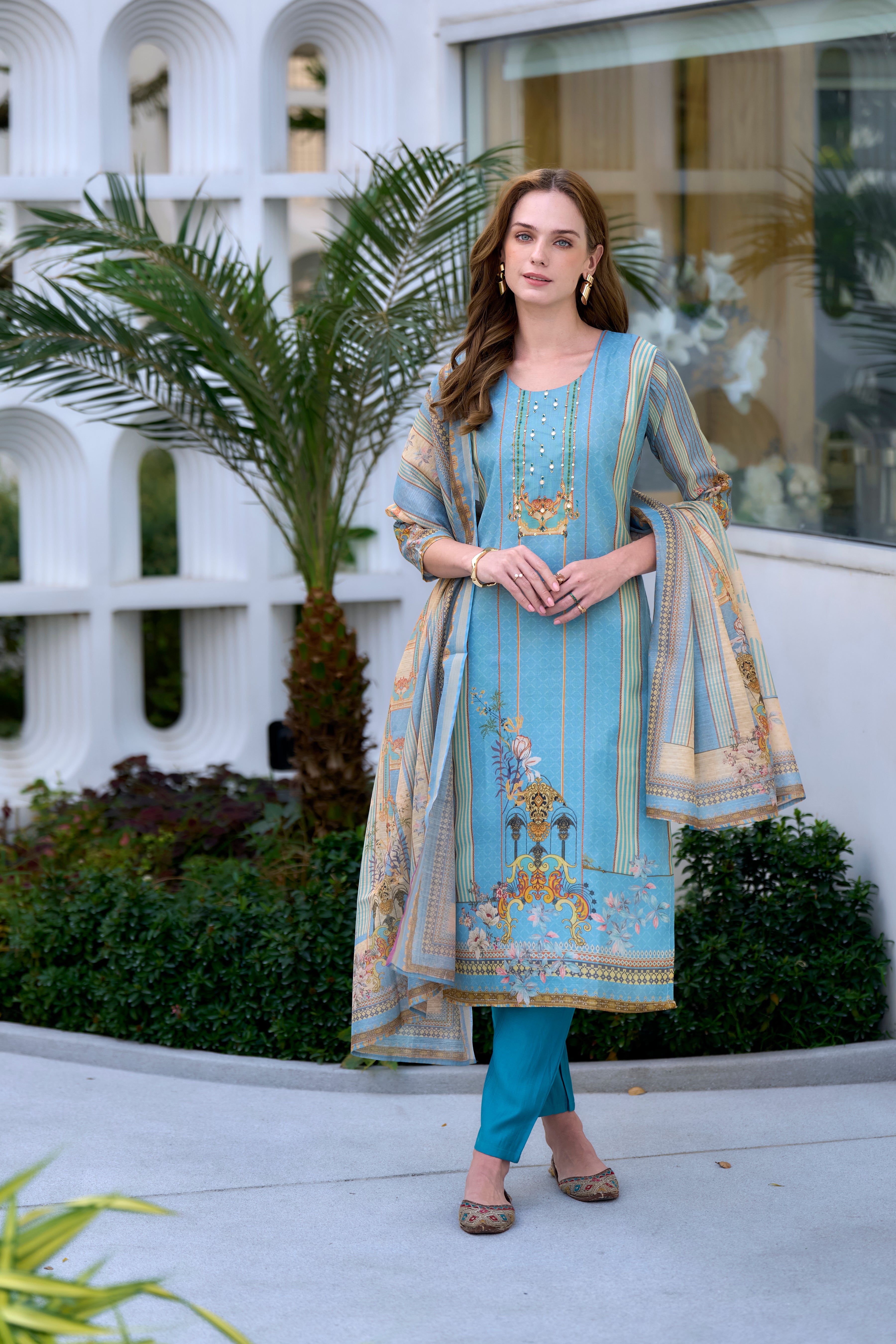 Her Couture Women's Sky Blue Silk Blend Geometric Straight Kurta With Pant & Printed Dupatta