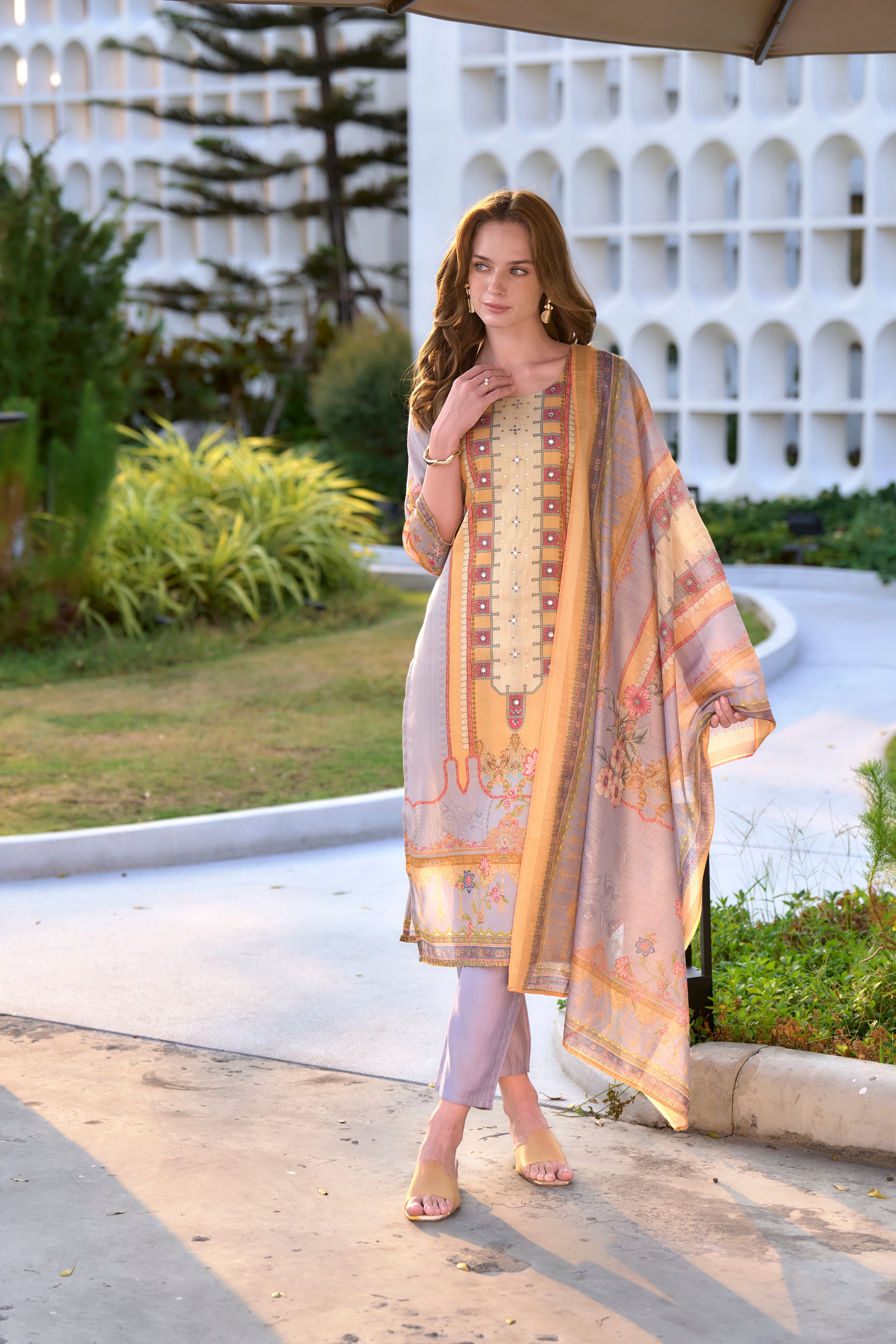 Mustard Silk Blend Straight Festive & Party Kurta Set by Her Couture