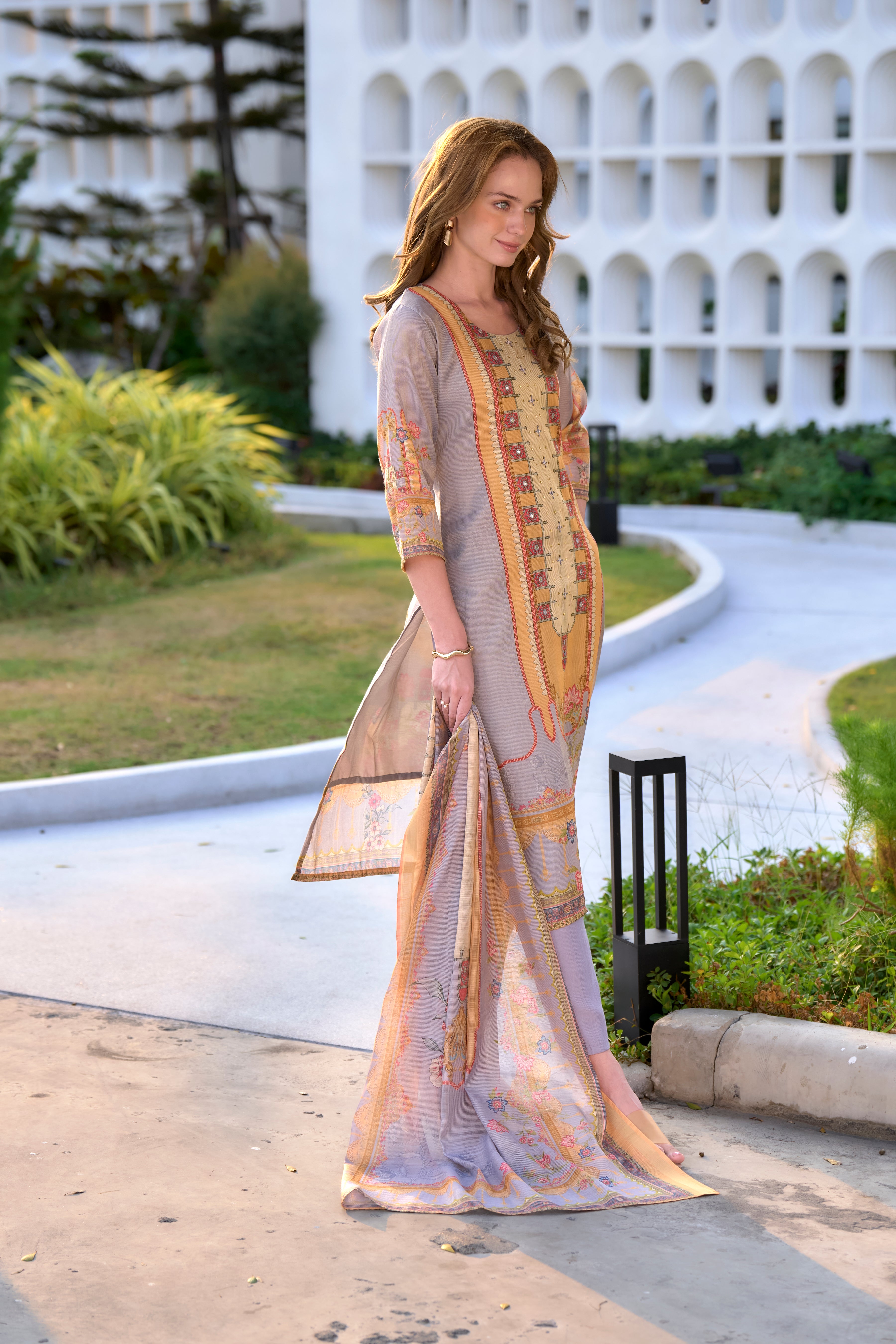 Her Couture Women's Mustard Silk Blend Geometric Straight Kurta With Pant & Printed Dupatta