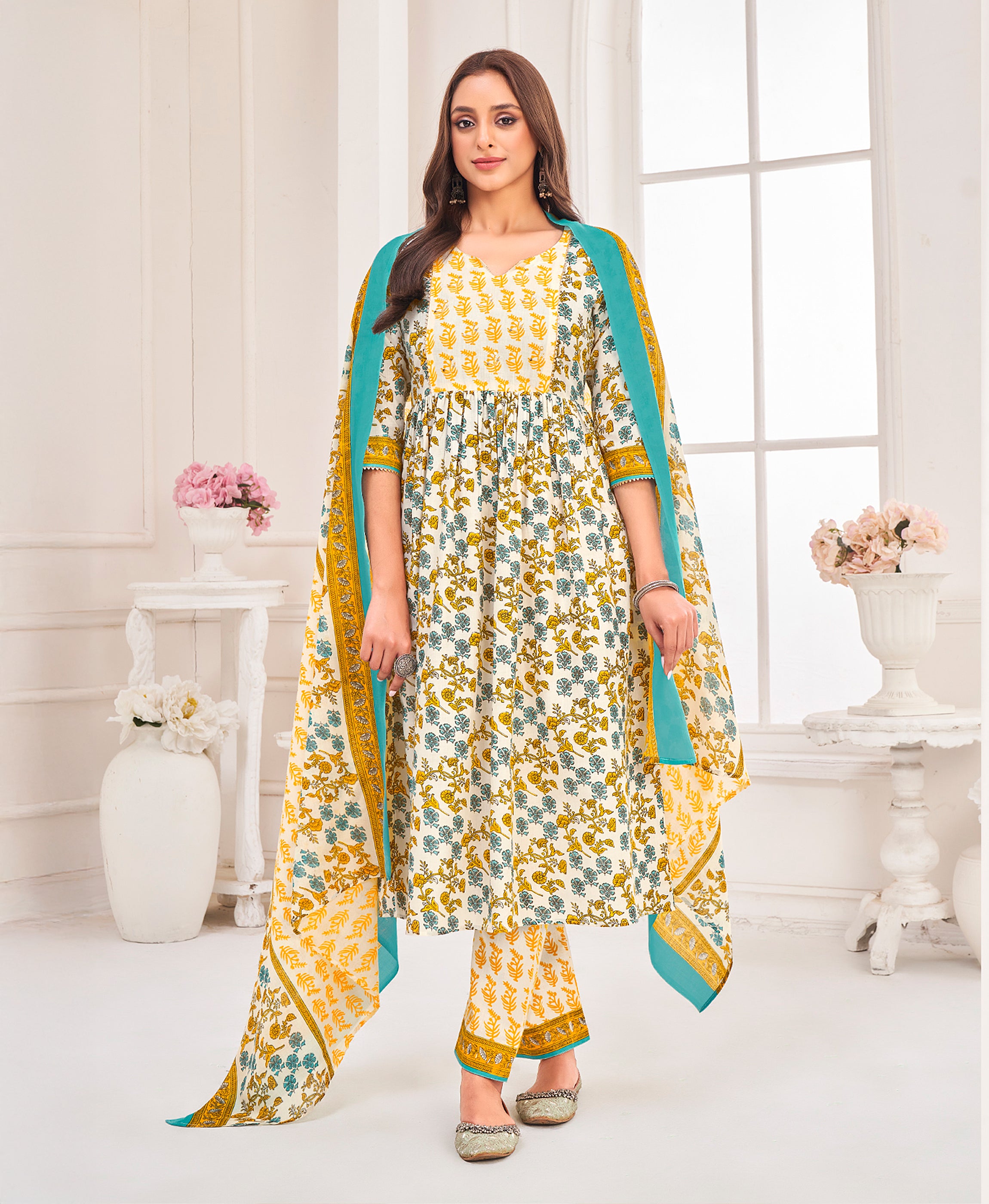 Multicolor Pure Cotton Flared Festive & Party Kurta Set by Her Couture