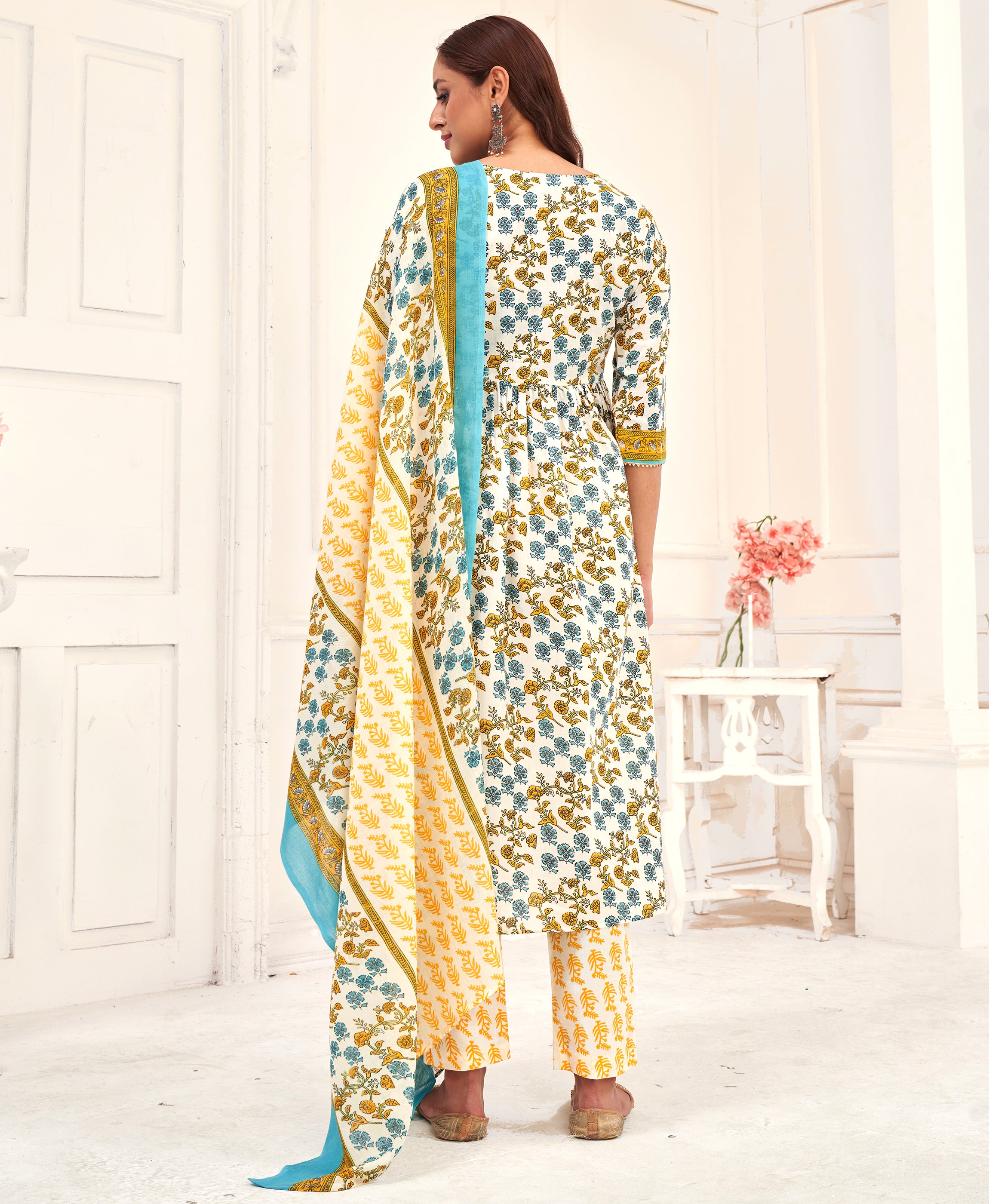 Her Couture Women's Multicolor Pure Cotton Floral & Leaf Flared Kurta With Pant & Printed Dupatta