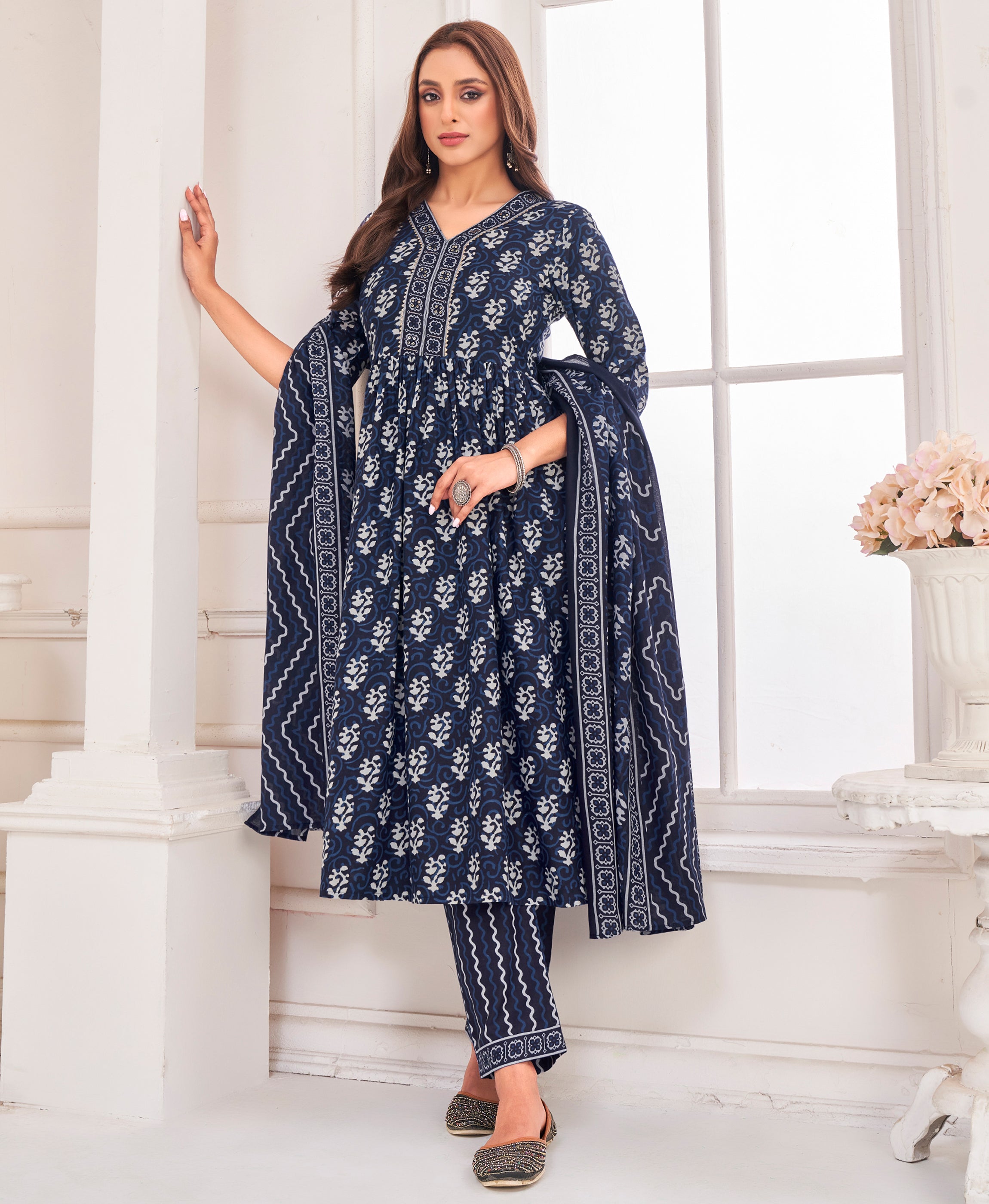 Navy Blue Pure Cotton Flared Festive & Party Kurta Set by Her Couture