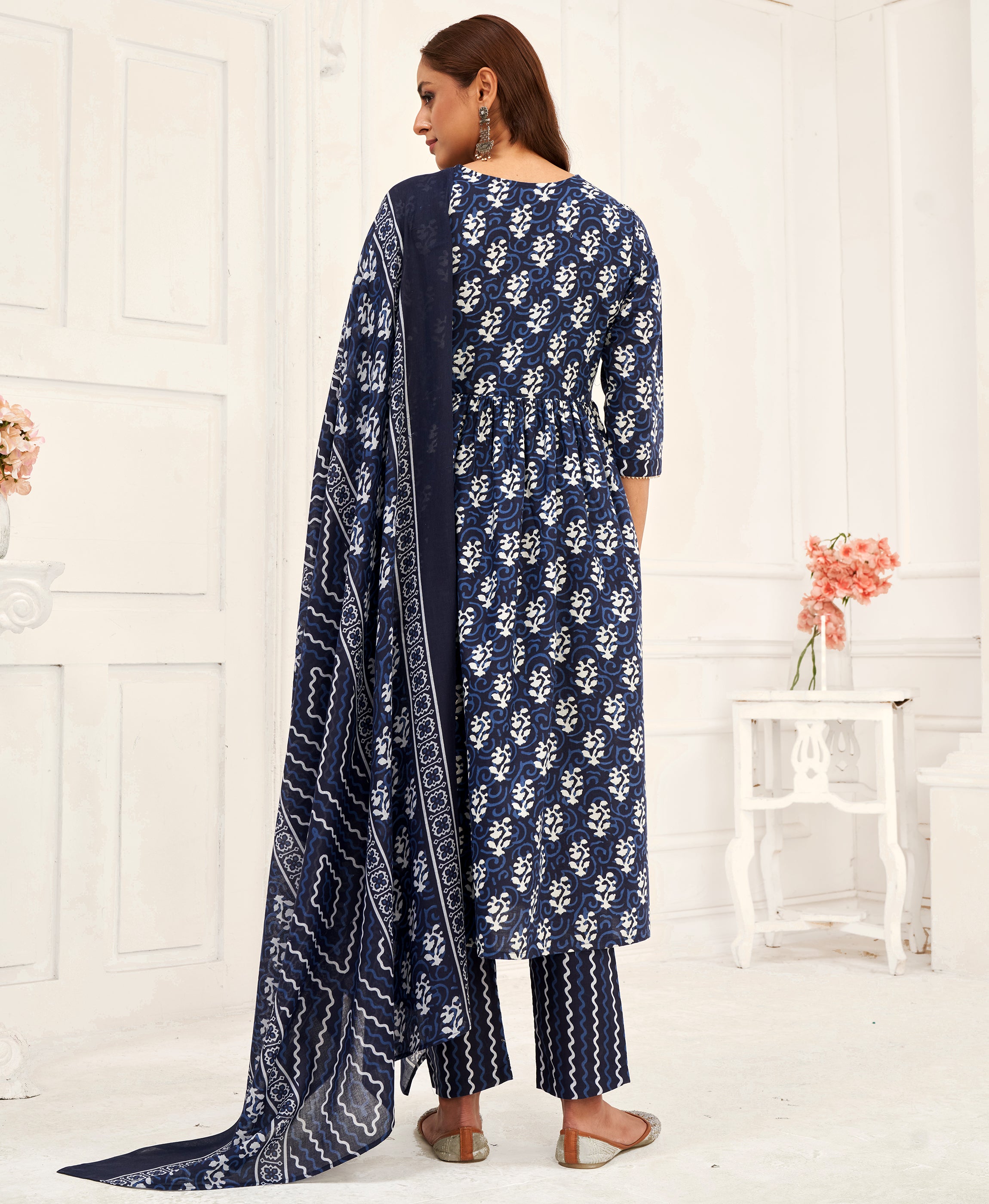Her Couture Women's Navy Blue Pure Cotton Geometric Flared Kurta With Pant & Printed Dupatta