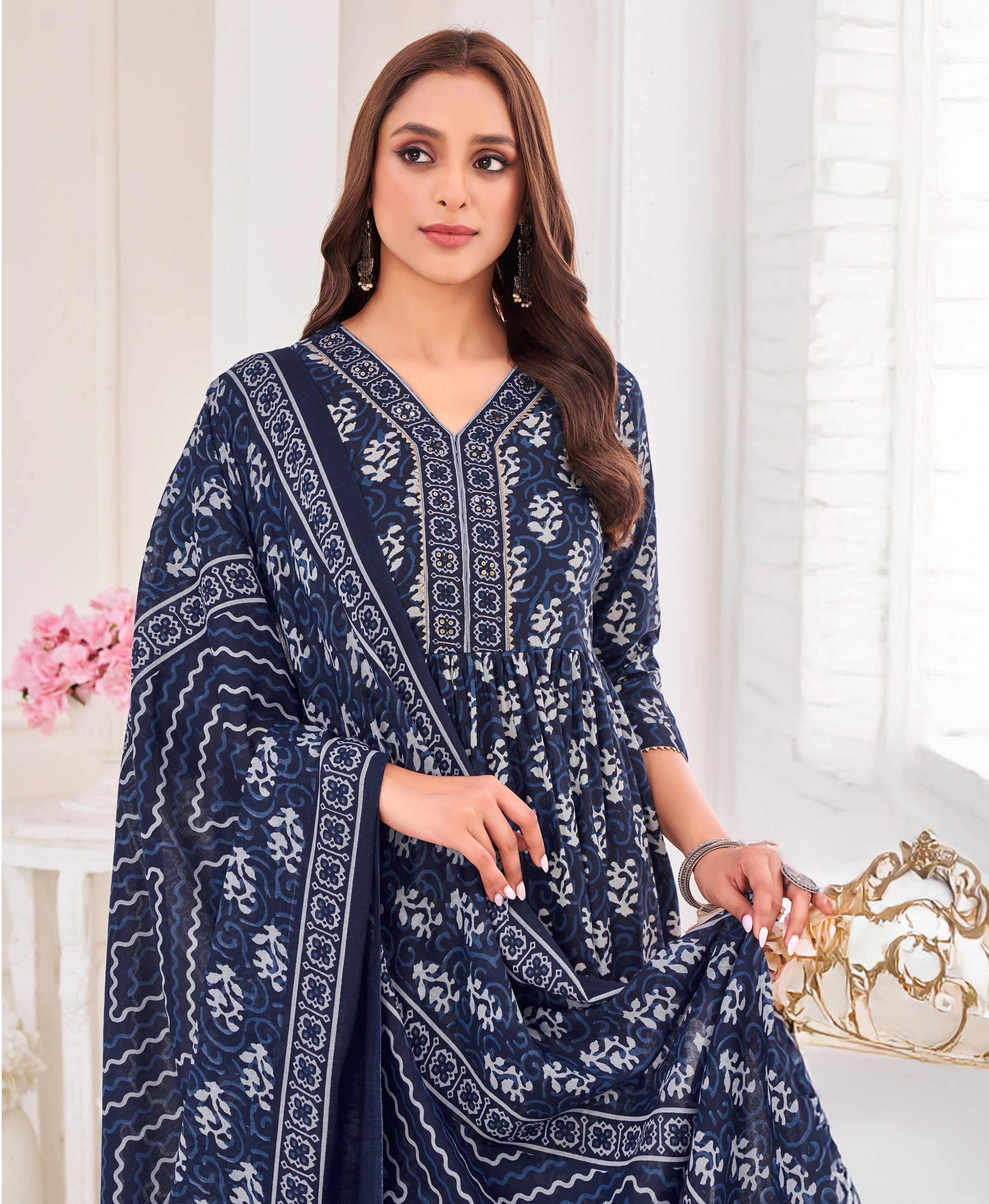 Her Couture Women's Navy Blue Pure Cotton Geometric Flared Kurta With Pant & Printed Dupatta
