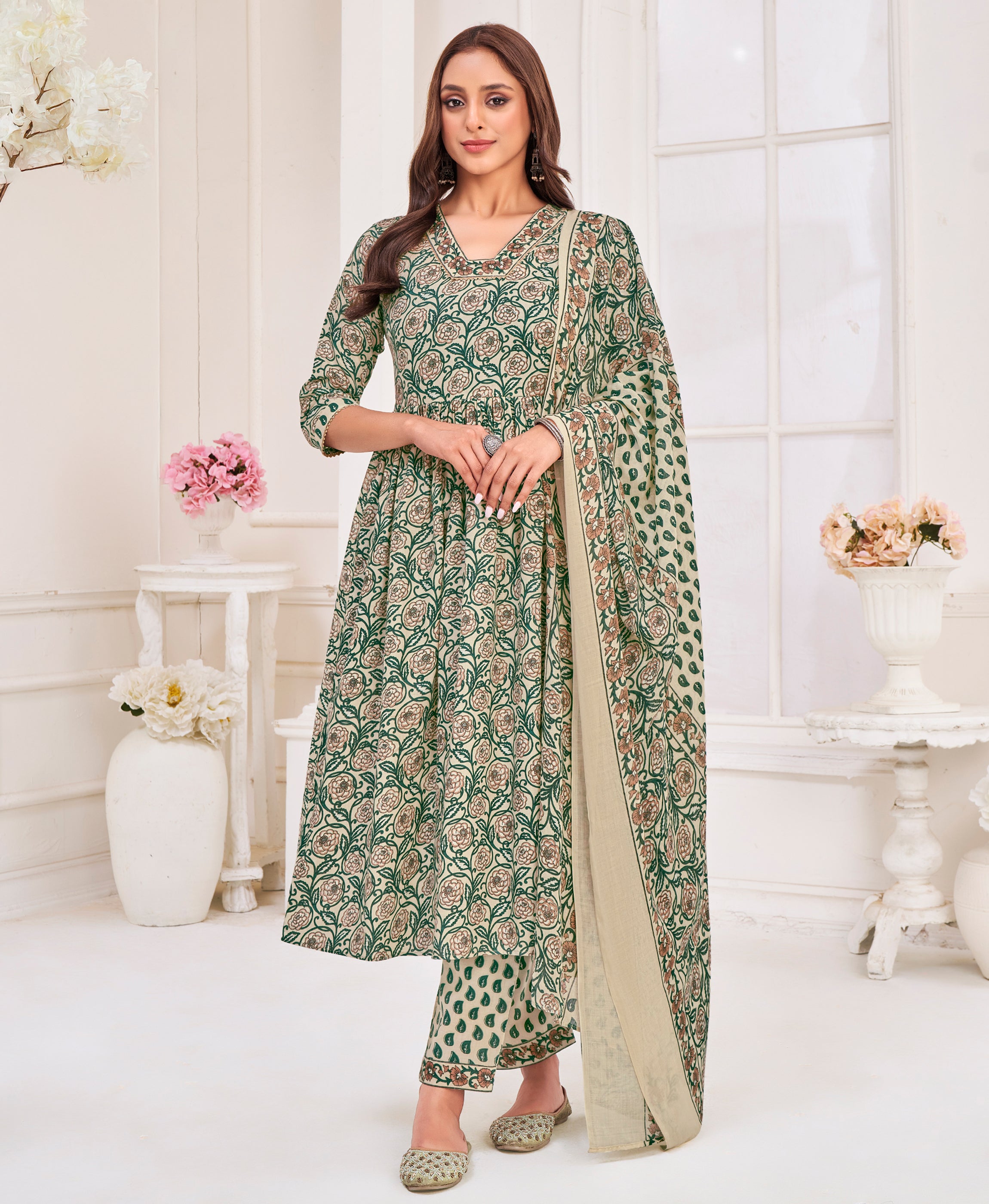 Cream Pure Cotton Flared Festive & Party Kurta Set by Her Couture