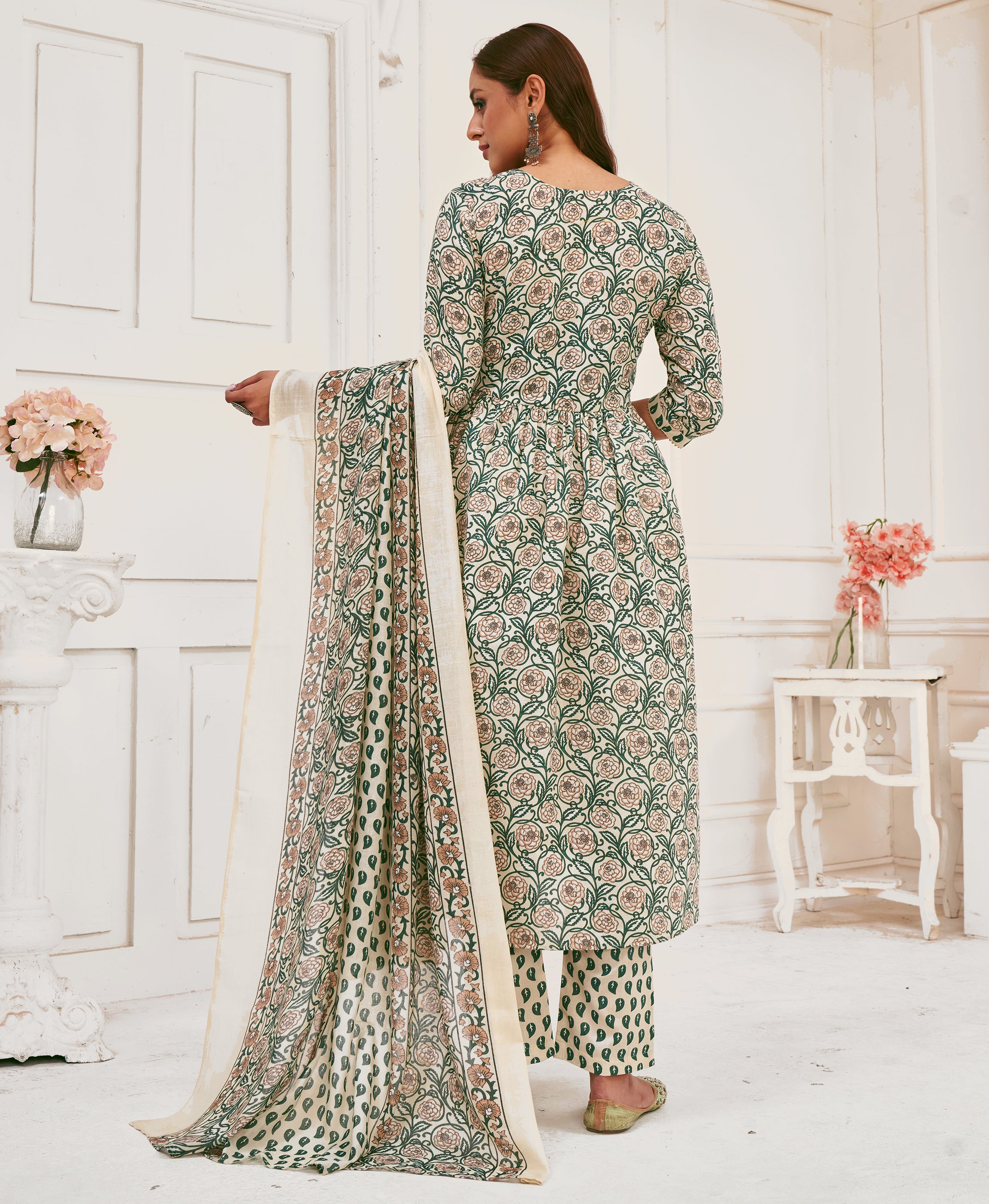 Her Couture Women's Cream Pure Cotton Floral & Leaf Flared Kurta With Pant & Printed Dupatta