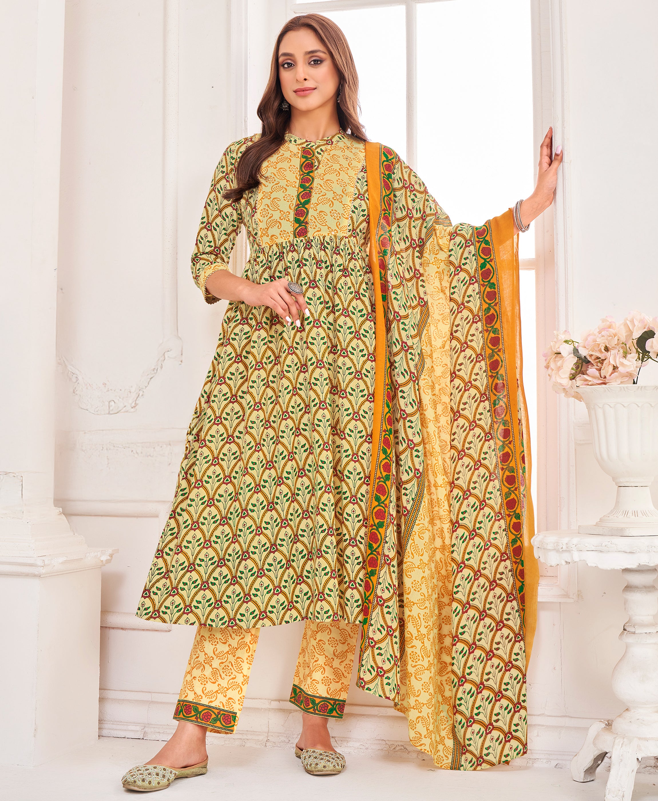 Mustard Pure Cotton Flared Festive & Party Kurta Set by Her Couture