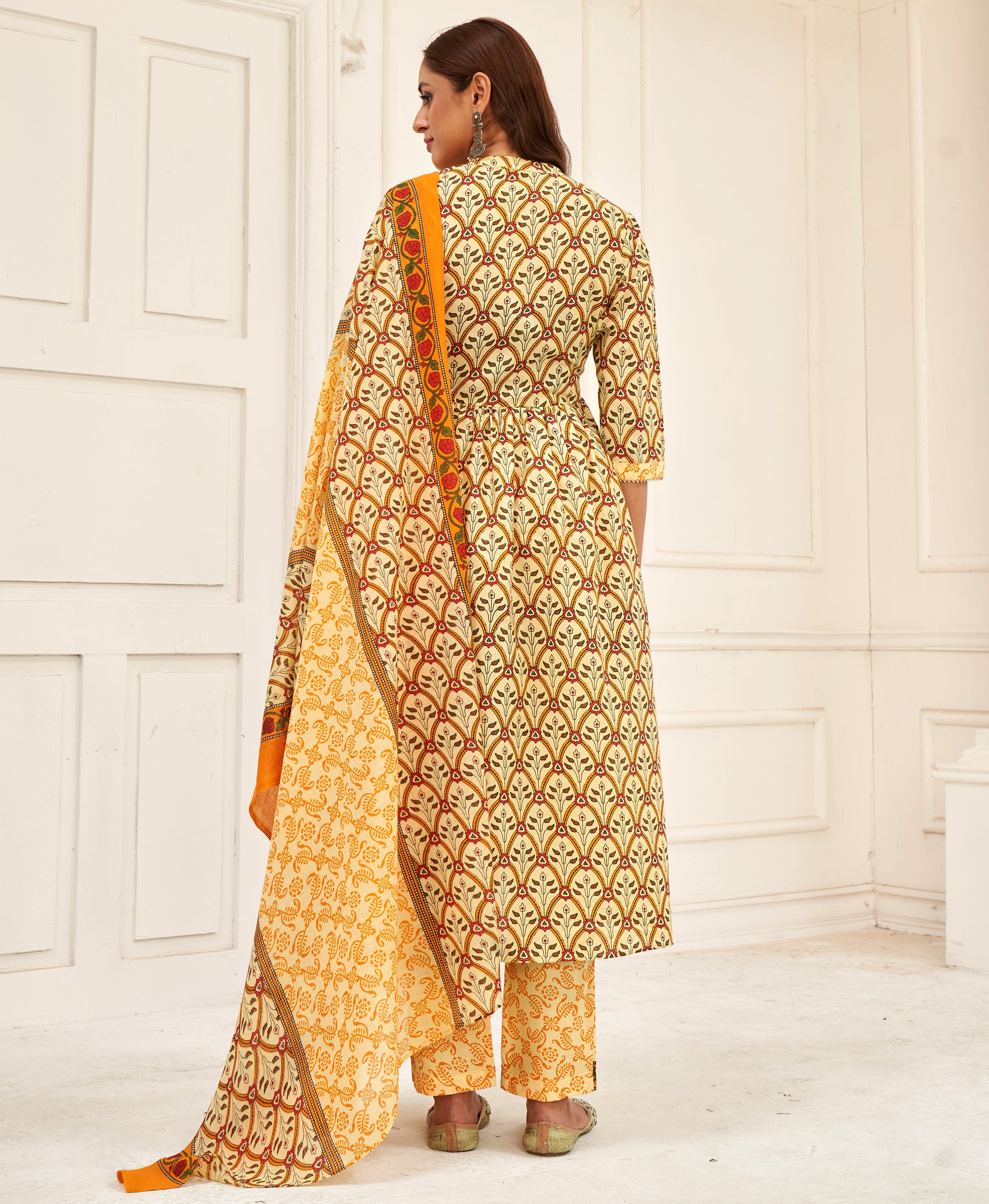 Her Couture Women's Mustard Pure Cotton Floral & Leaf Flared Kurta With Pant & Printed Dupatta