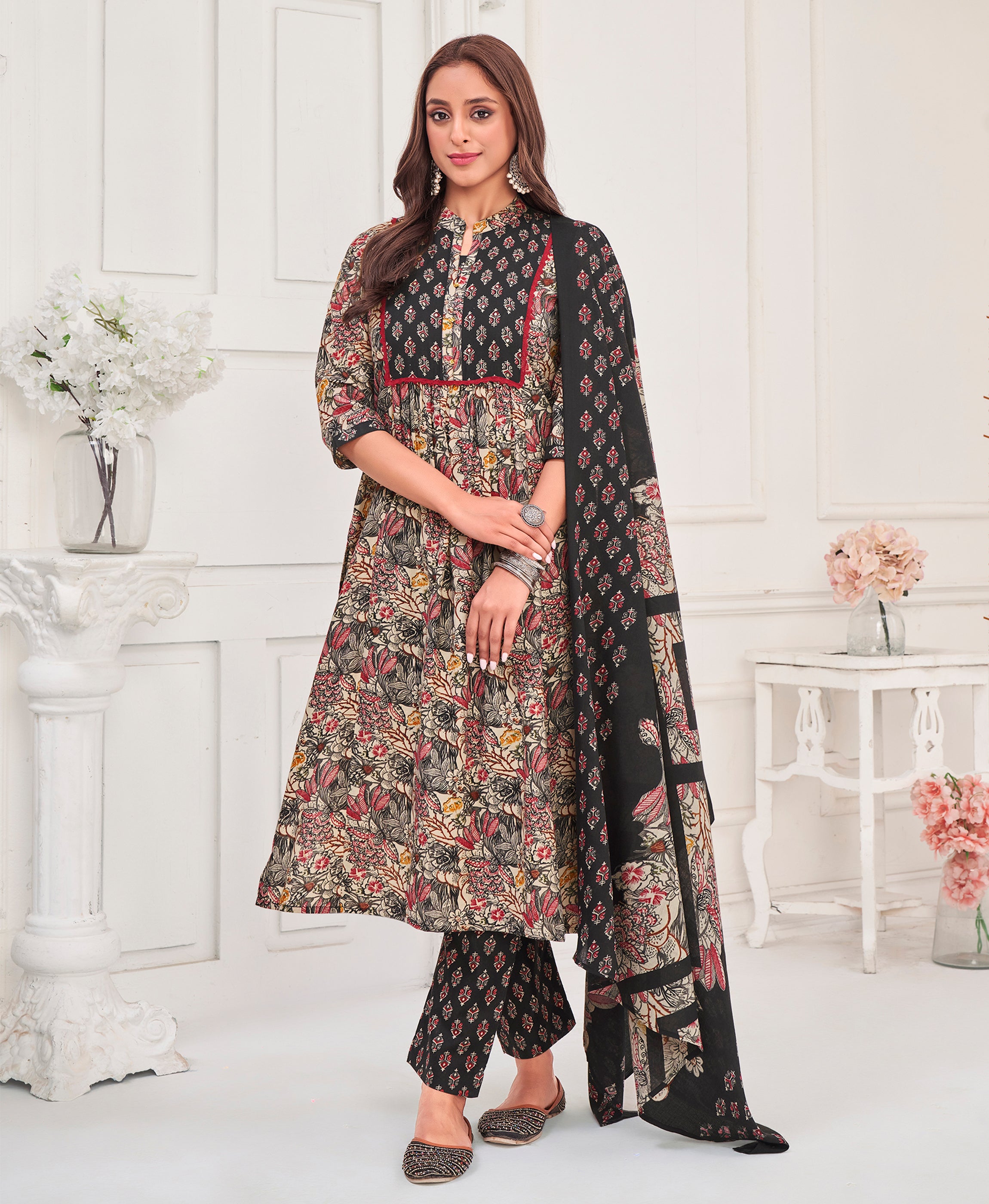 Black Pure Cotton Flared Festive & Party Kurta Set by Her Couture