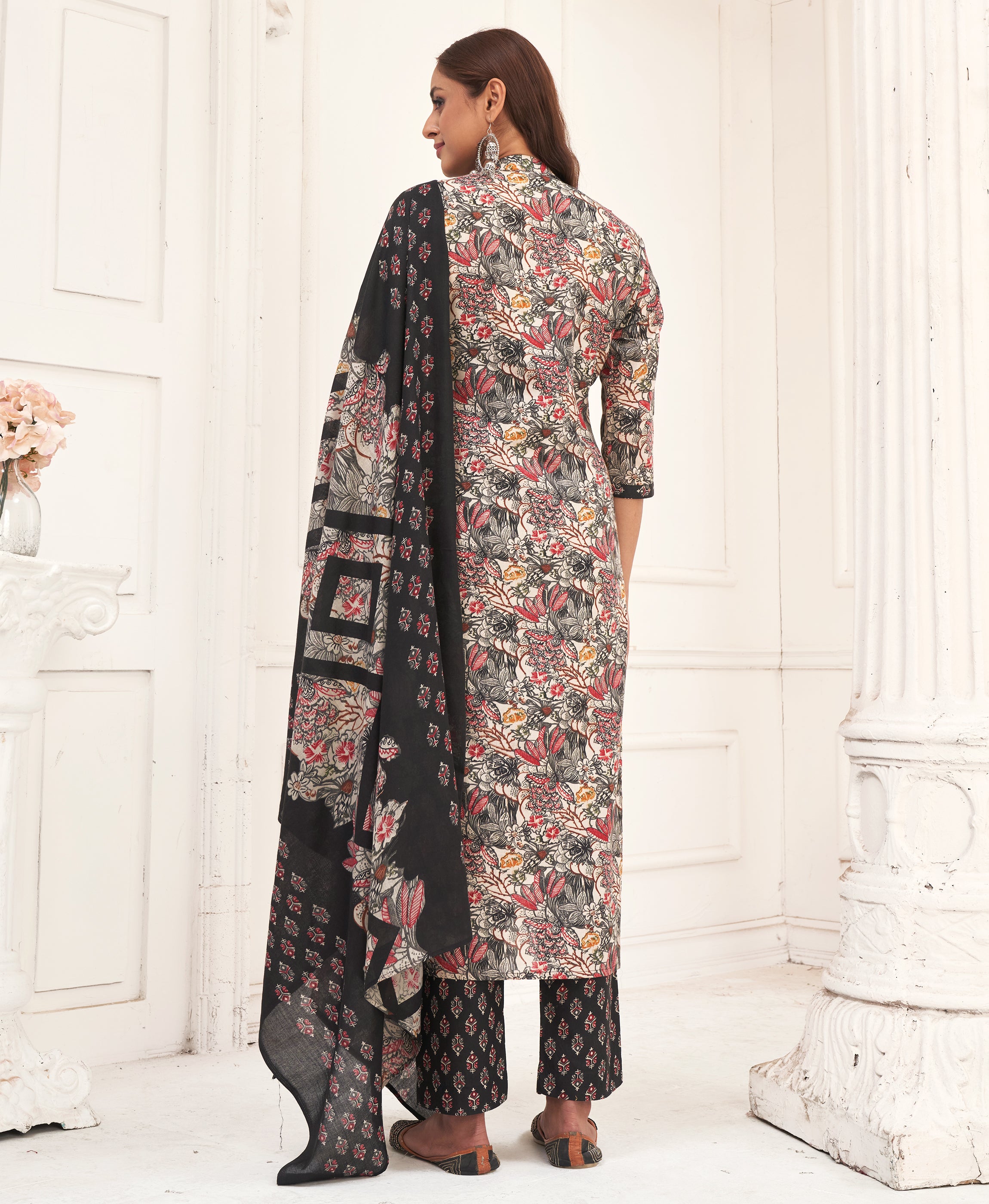 Her Couture Women's Black Pure Cotton Floral & Leaf Flared Kurta With Pant & Printed Dupatta