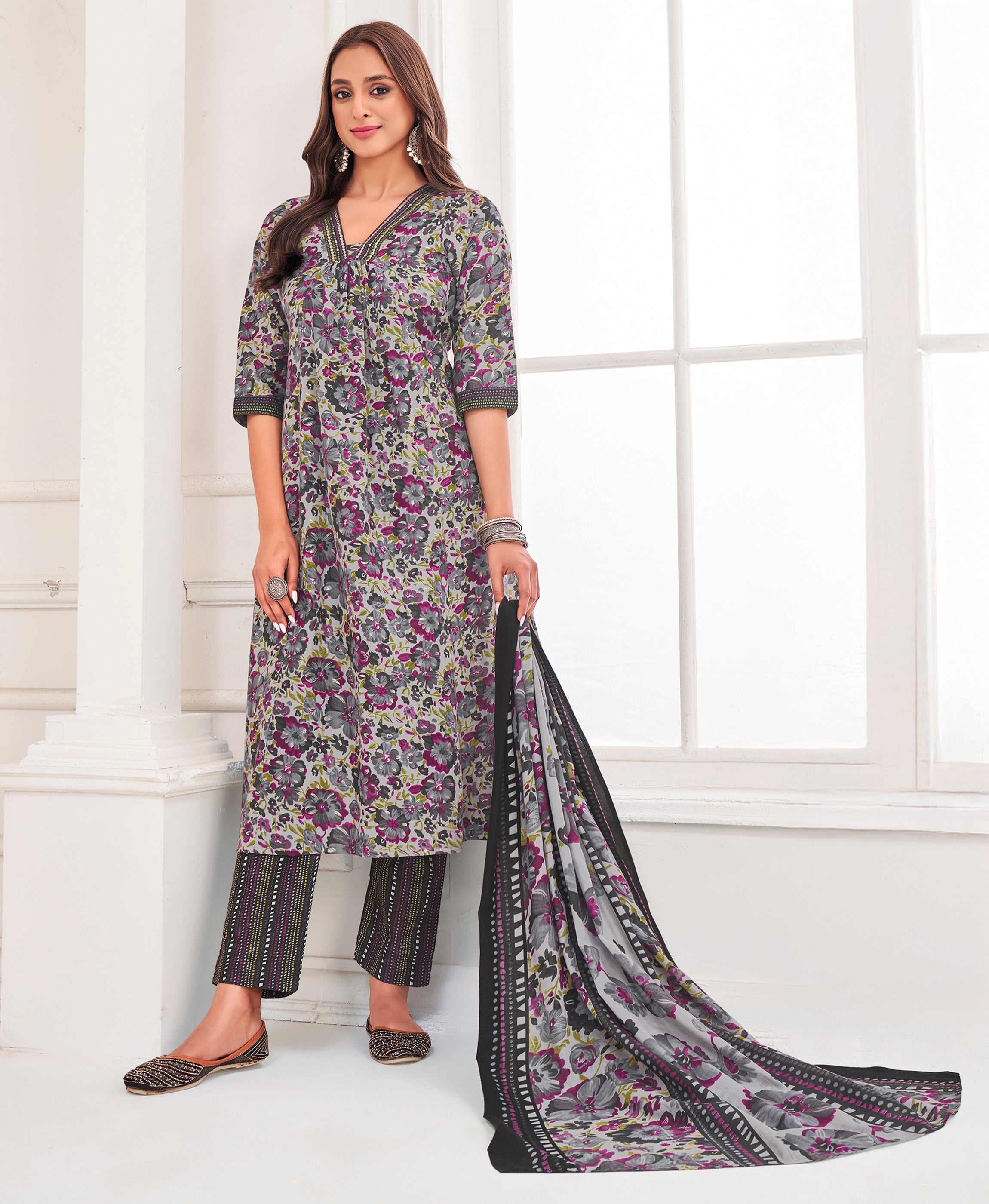 Lavender Pure Cotton Flared Festive & Party Kurta Set by Her Couture