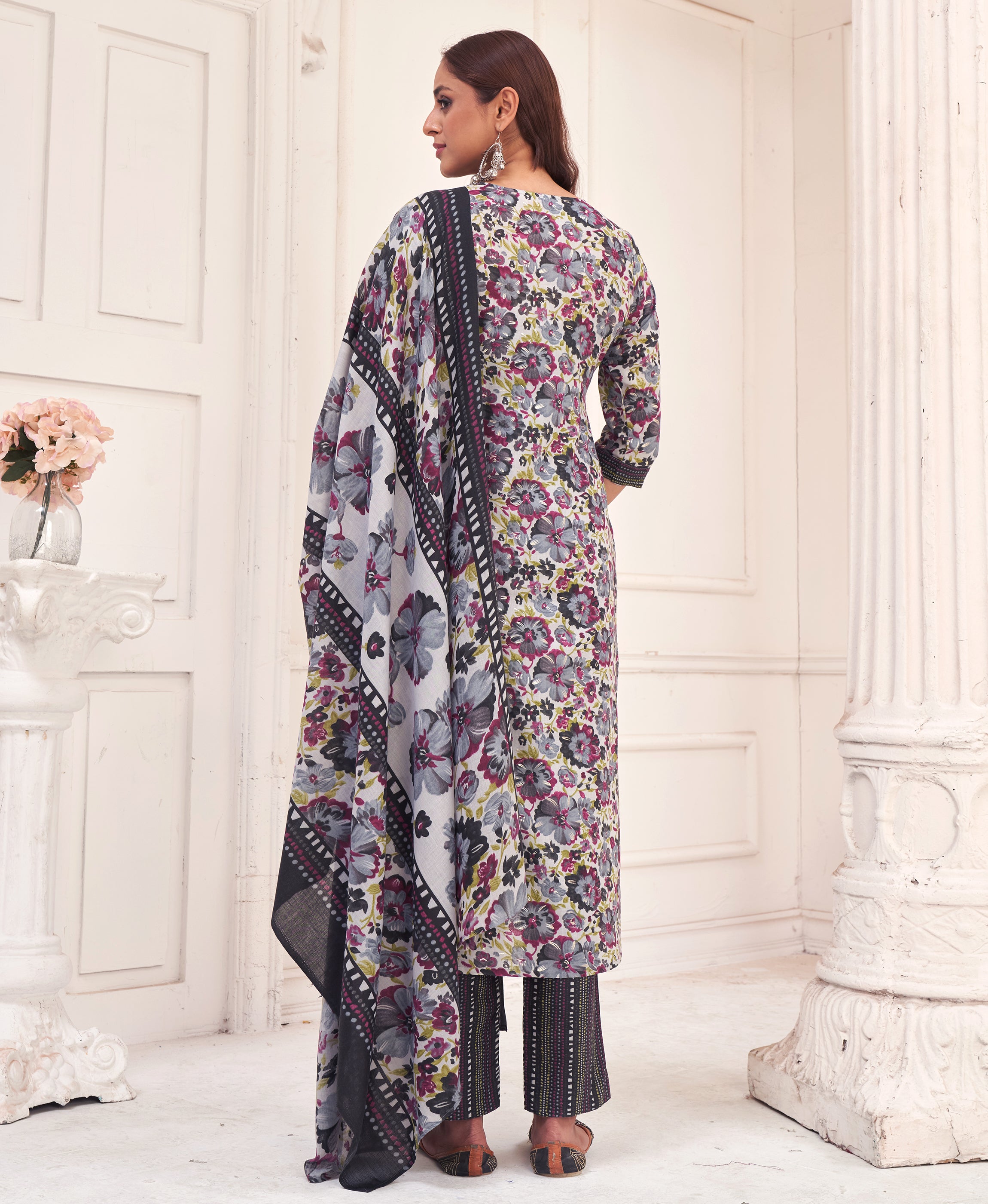 Her Couture Women's Lavender Pure Cotton Floral & Leaf Flared Kurta With Pant & Printed Dupatta