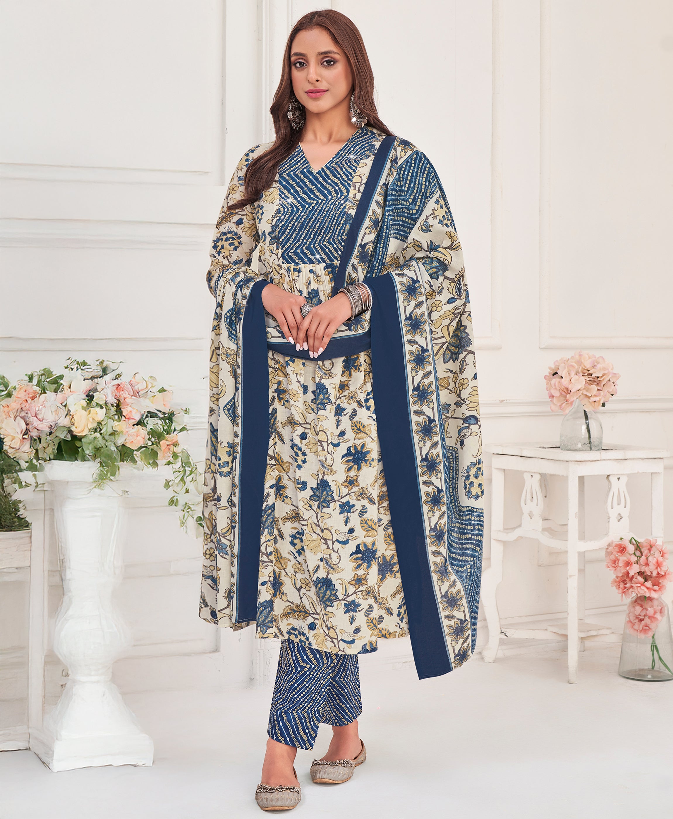 White Pure Cotton Flared Festive & Party Kurta Set by Her Couture