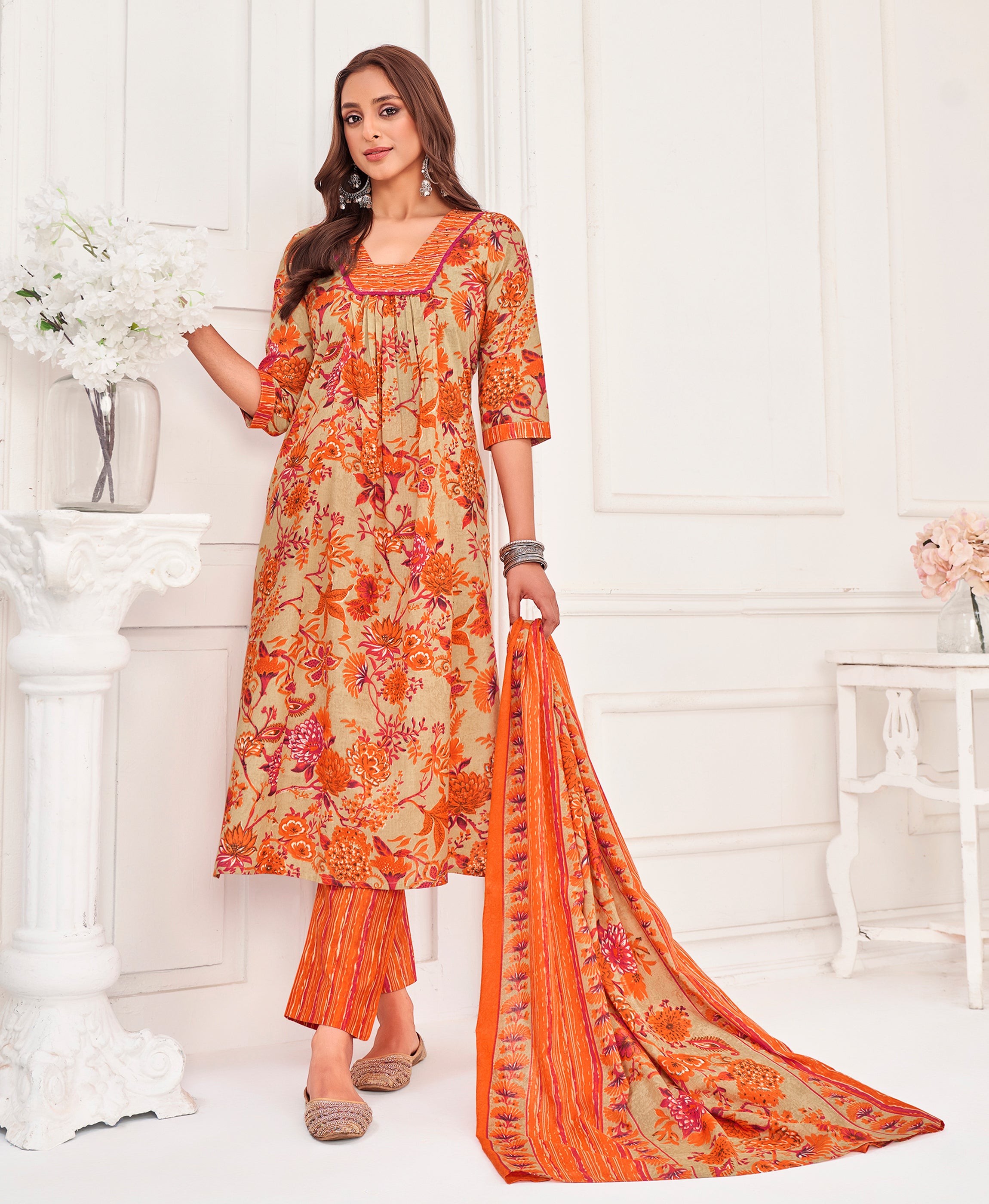 Khaki Pure Cotton Flared Festive & Party Kurta Set by Her Couture