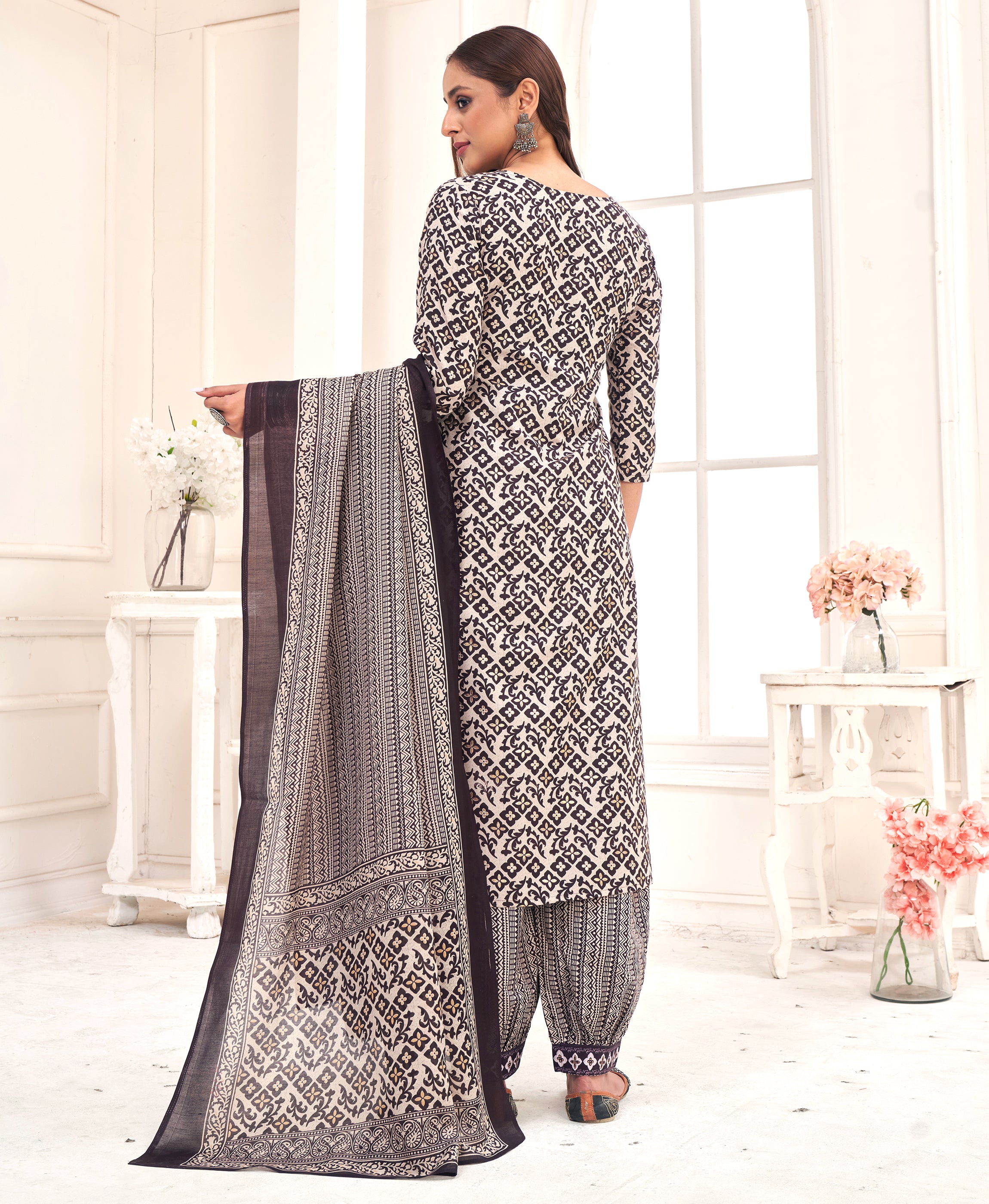 Her Couture Women's Cream Pure Cotton Geometric Straight Kurta With Afghani Salwar & Printed Dupatta