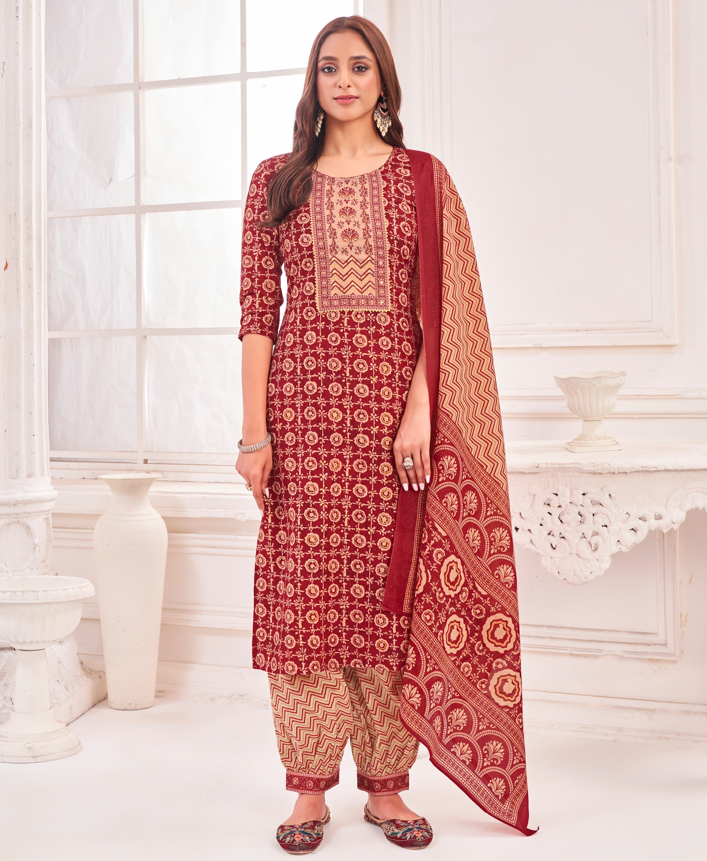 Maroon Pure Cotton Straight Festive & Party Kurta Set by Her Couture