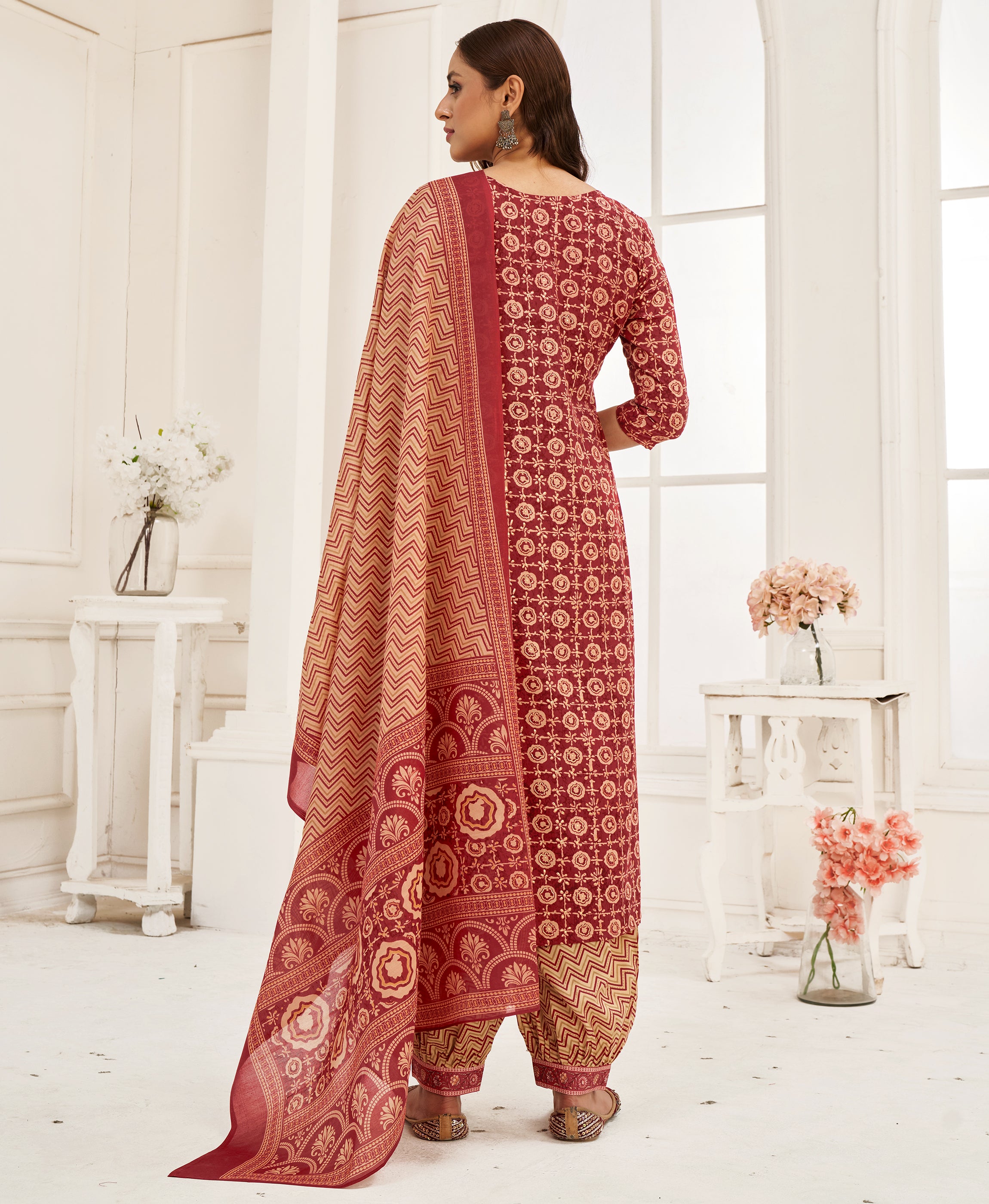 Her Couture Women's Maroon Pure Cotton Geometric Straight Kurta With Afghani Salwar & Printed Dupatta