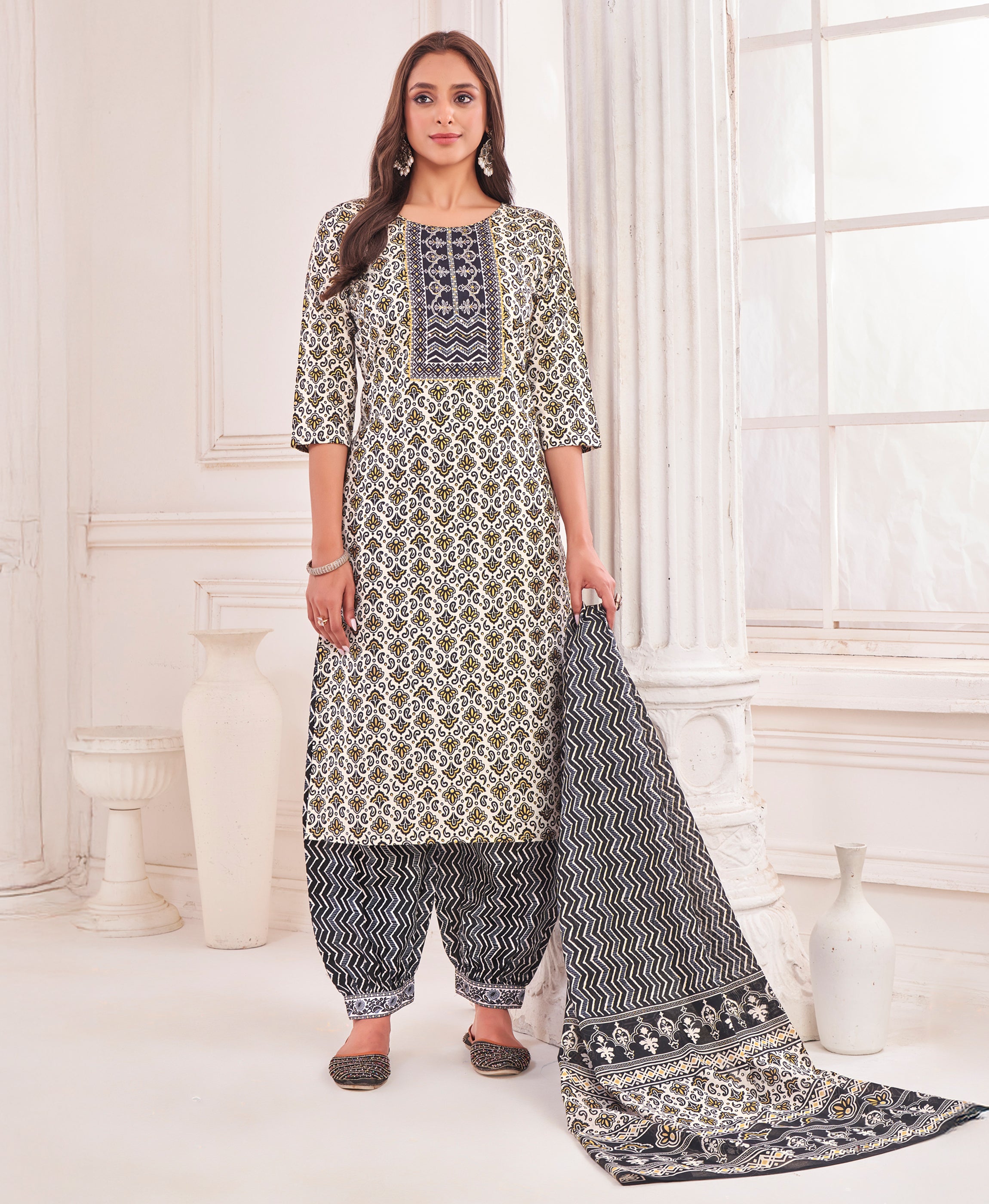 White Pure Cotton Straight Festive & Party Kurta Set by Her Couture