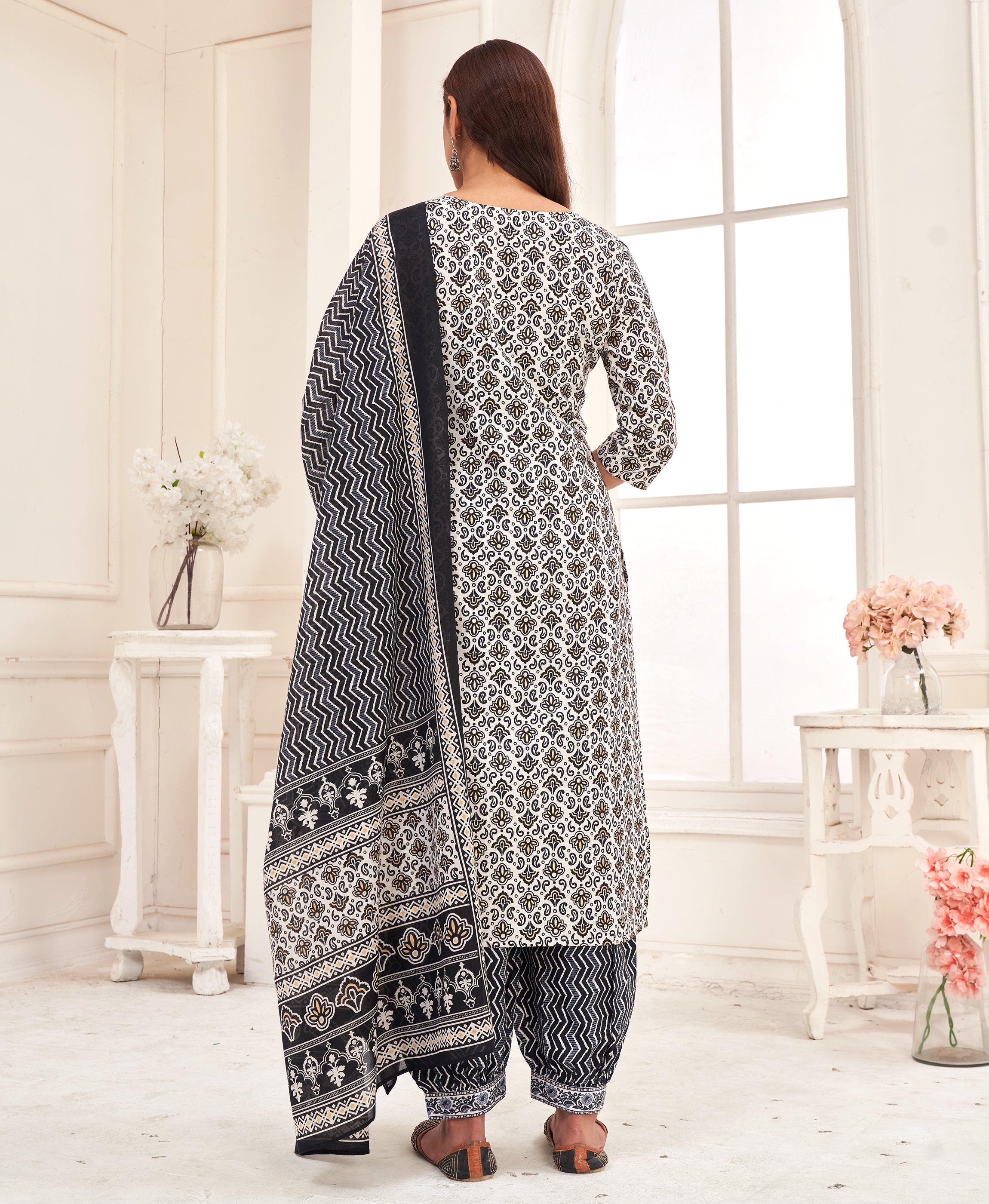 Her Couture Women's White Pure Cotton Geometric Straight Kurta With Afghani Salwar & Printed Dupatta