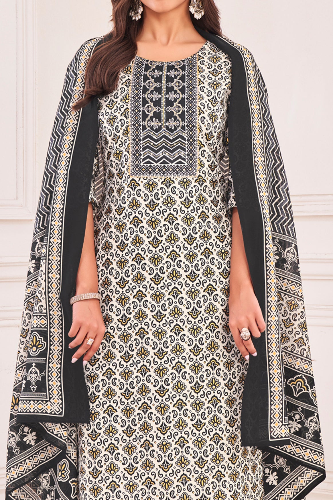 Her Couture Women's White Pure Cotton Geometric Straight Kurta With Afghani Salwar & Printed Dupatta