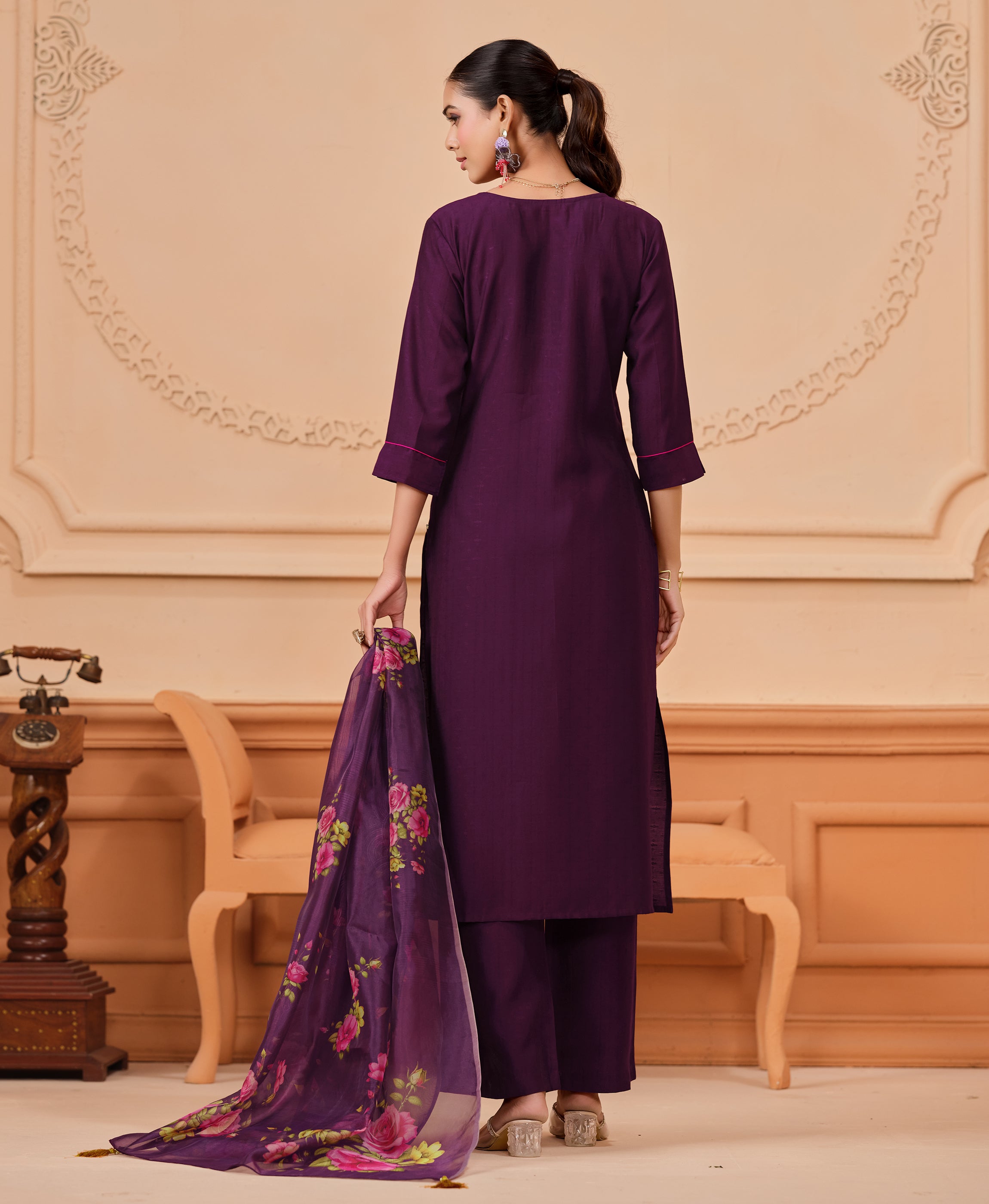 Her Couture Women's Purple Viscose Floral Embroidered Straight Kurta With Palazzo & Printed Dupatta