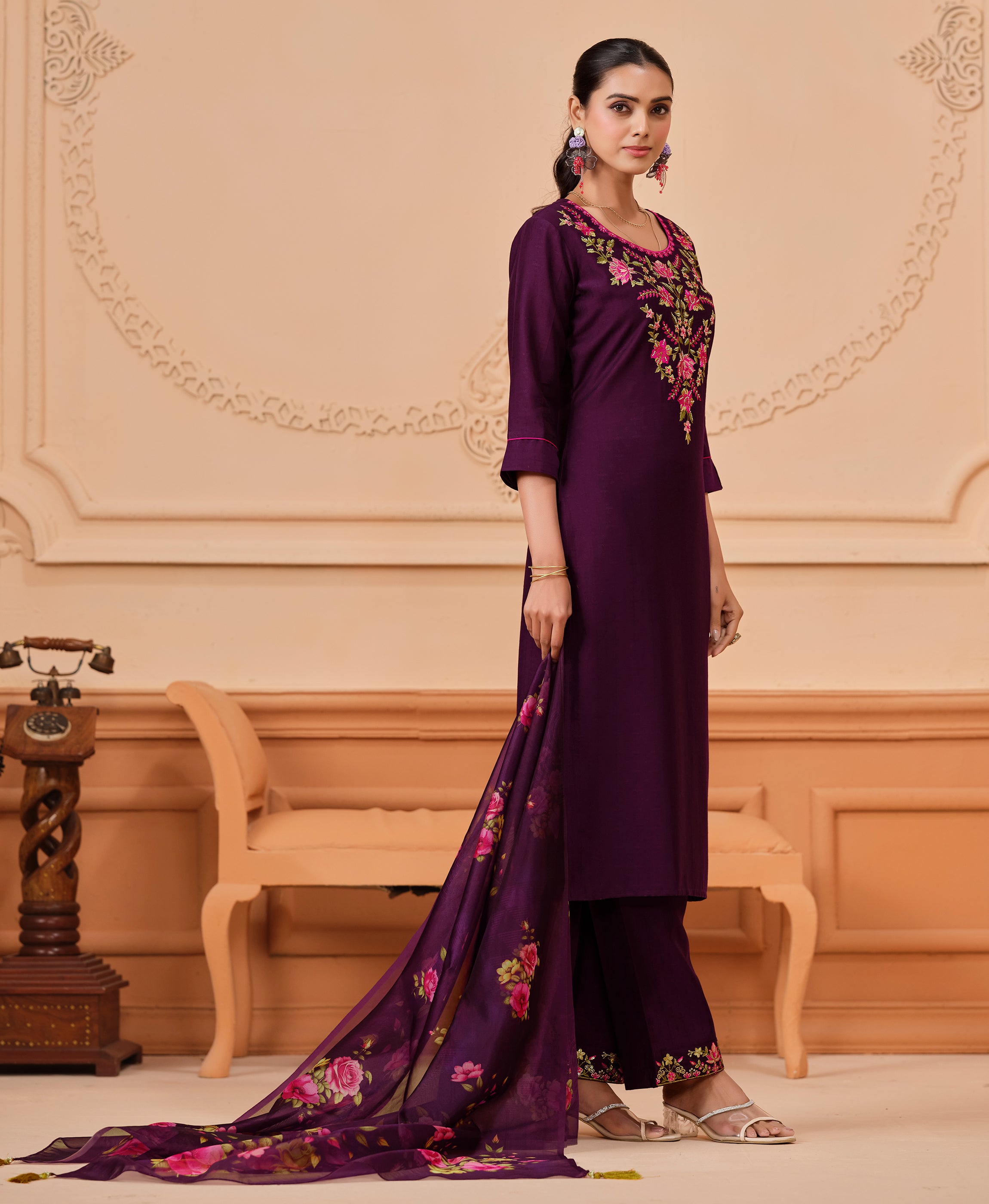Her Couture Women's Purple Viscose Floral Embroidered Straight Kurta With Palazzo & Printed Dupatta