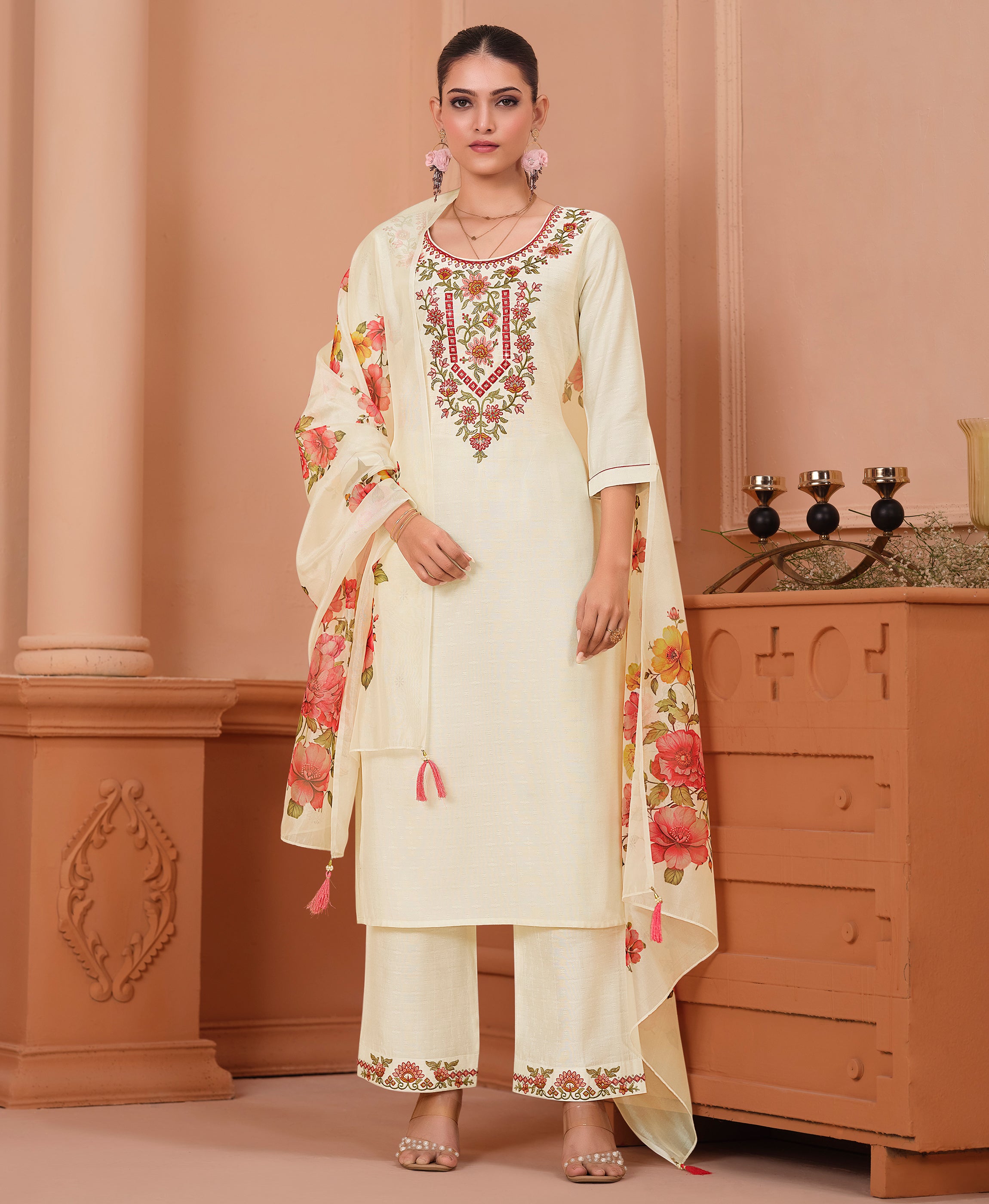 White Viscose Straight Festive & Party Kurta Set by Her Couture