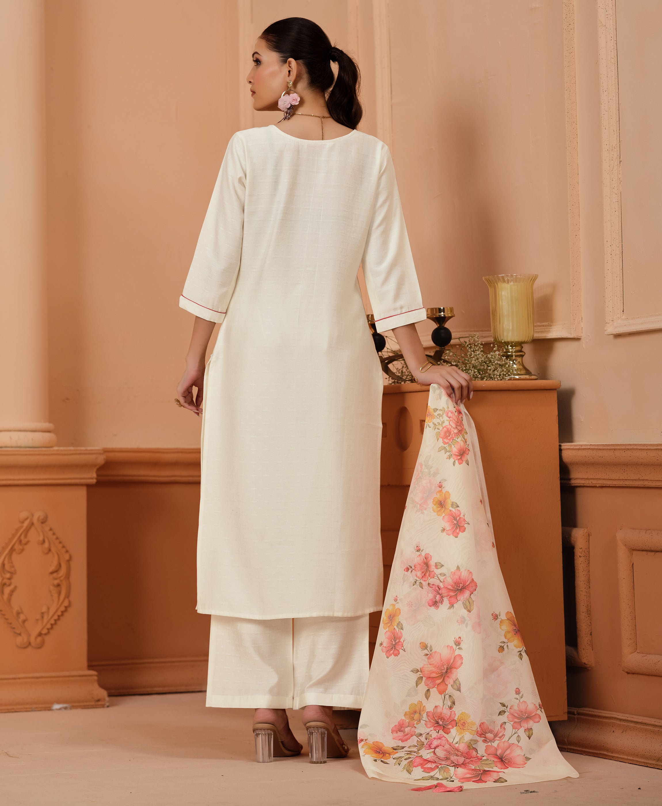 Her Couture Women's White Viscose Floral Embroidered Straight Kurta With Palazzo & Printed Dupatta