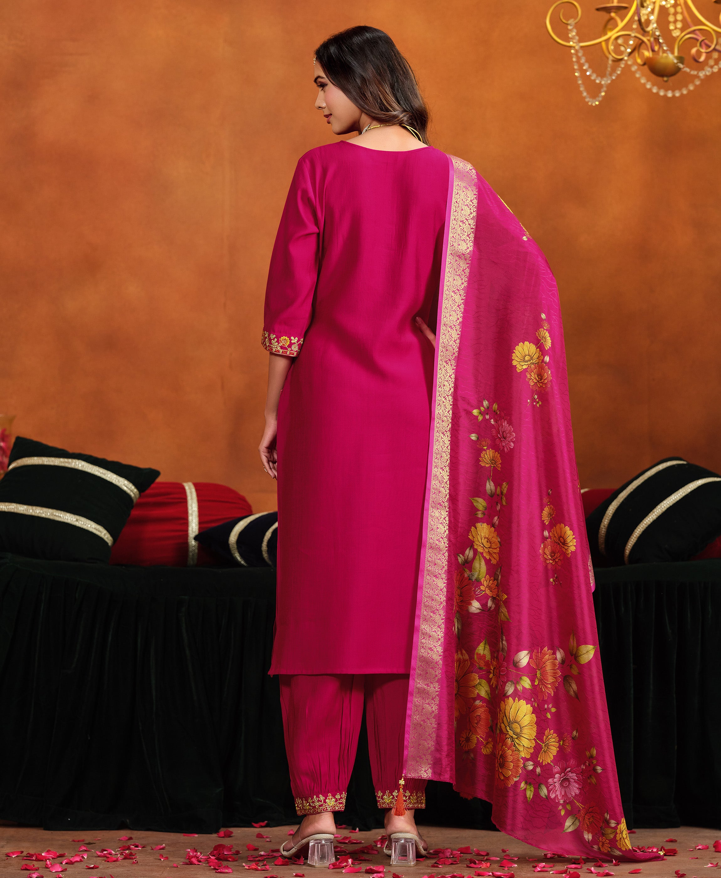 Her Couture Women's Pink Viscose Floral Embroidered Straight Kurta With Afghani Salwar & Printed Dupatta