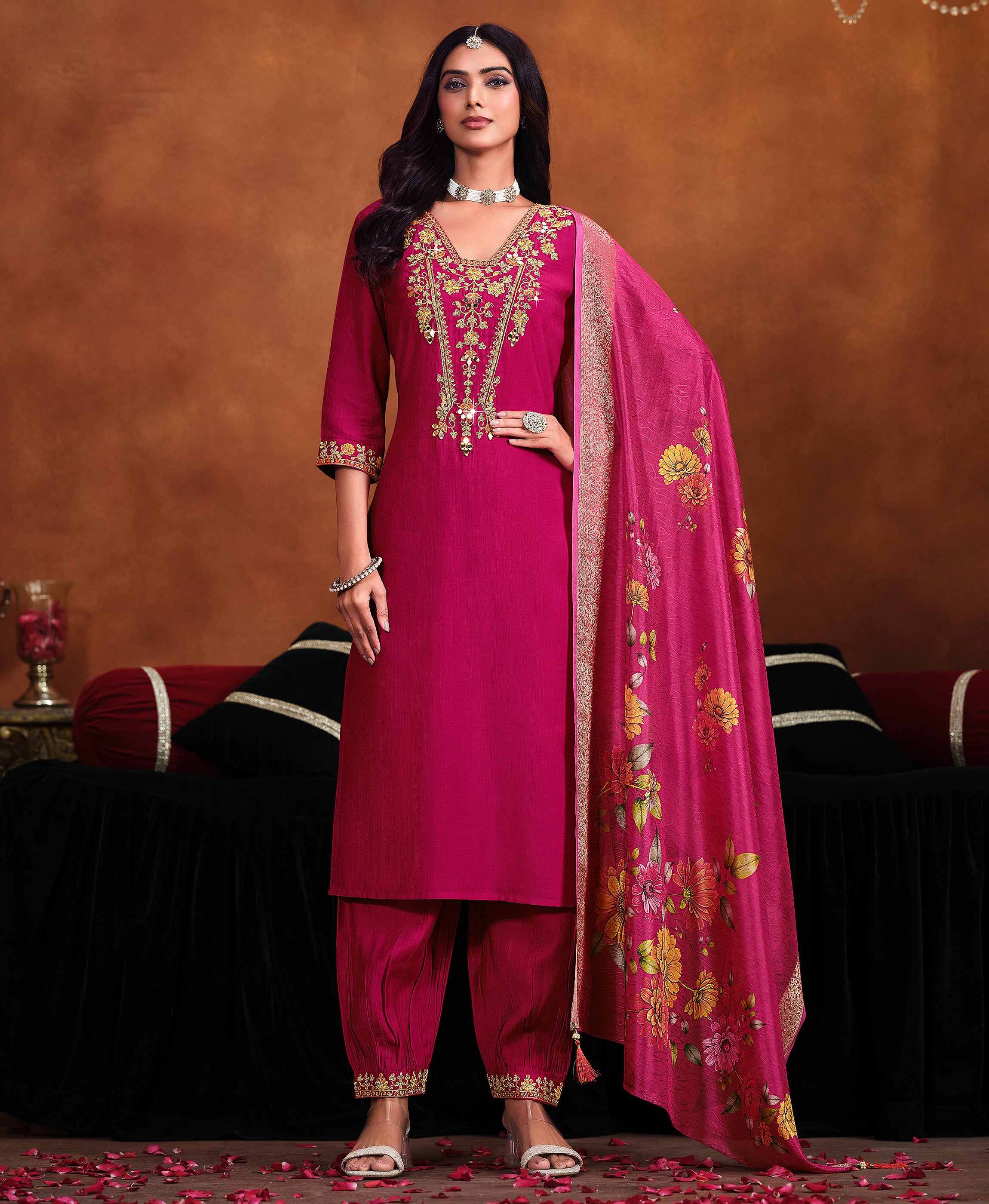 Pink Viscose Straight Festive & Party Kurta Set by Her Couture