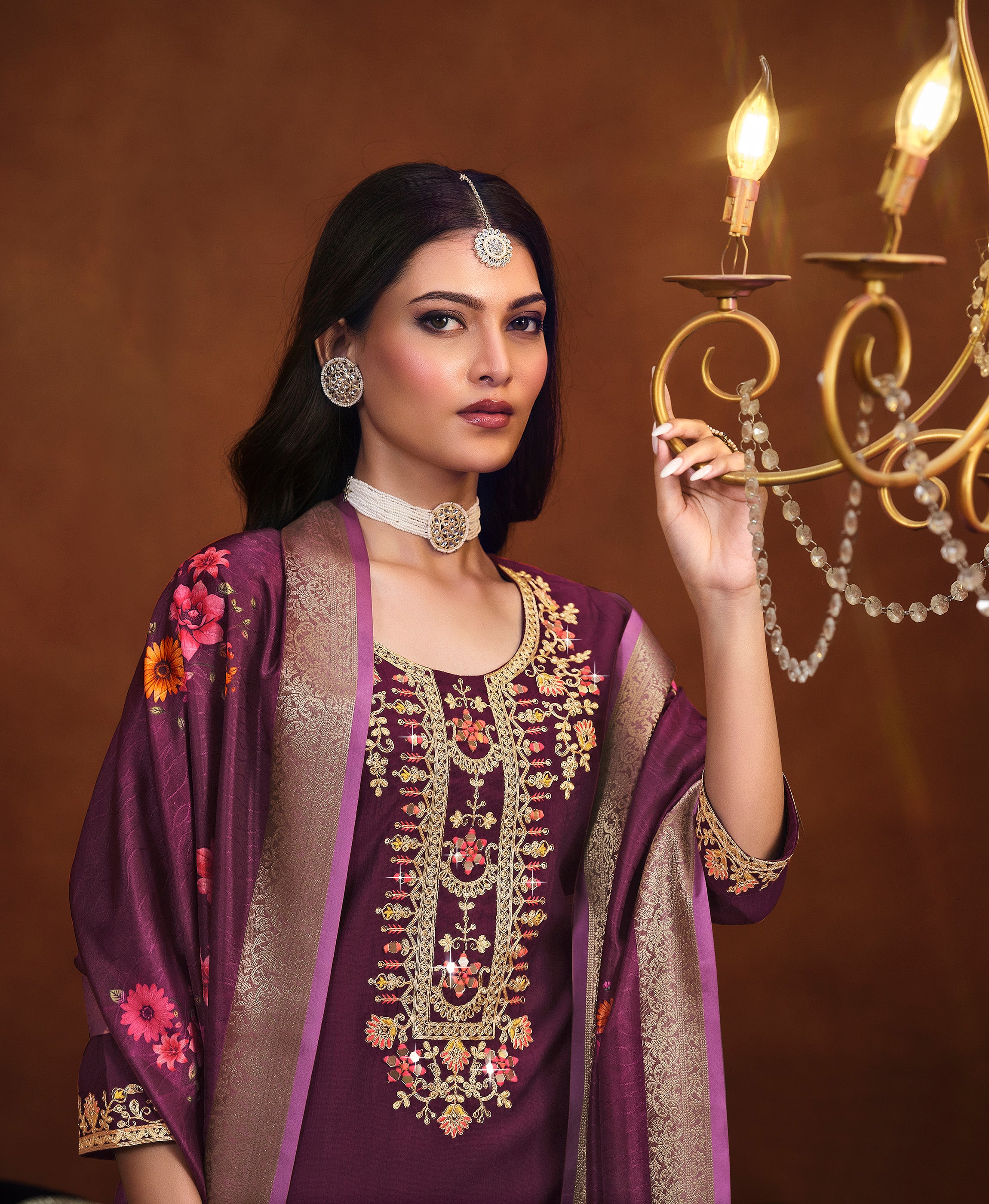 Her Couture Women's Wine Viscose Floral Embroidered Straight Kurta With Afghani Salwar & Printed Dupatta