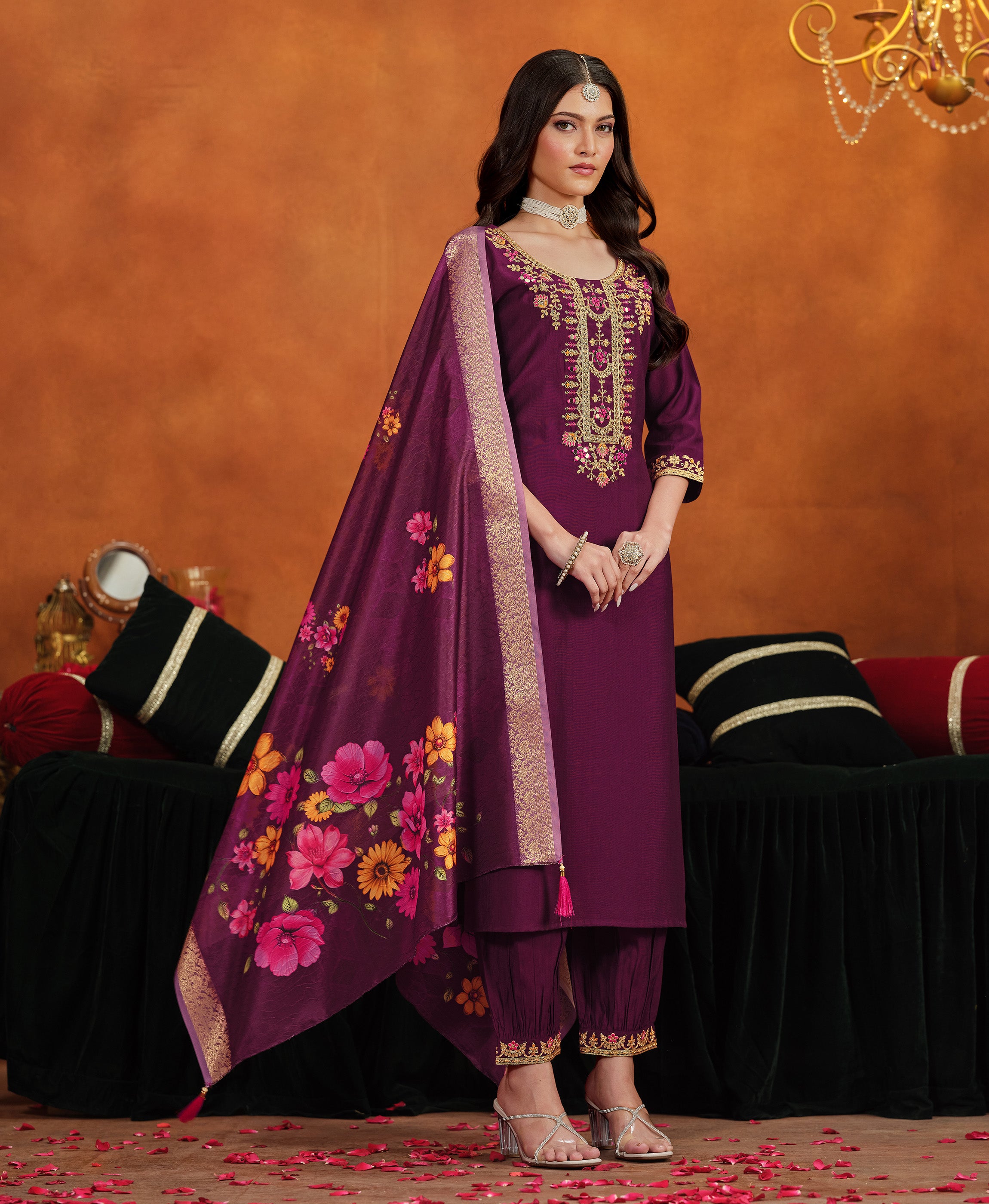 Her Couture Women's Wine Viscose Floral Embroidered Straight Kurta With Afghani Salwar & Printed Dupatta