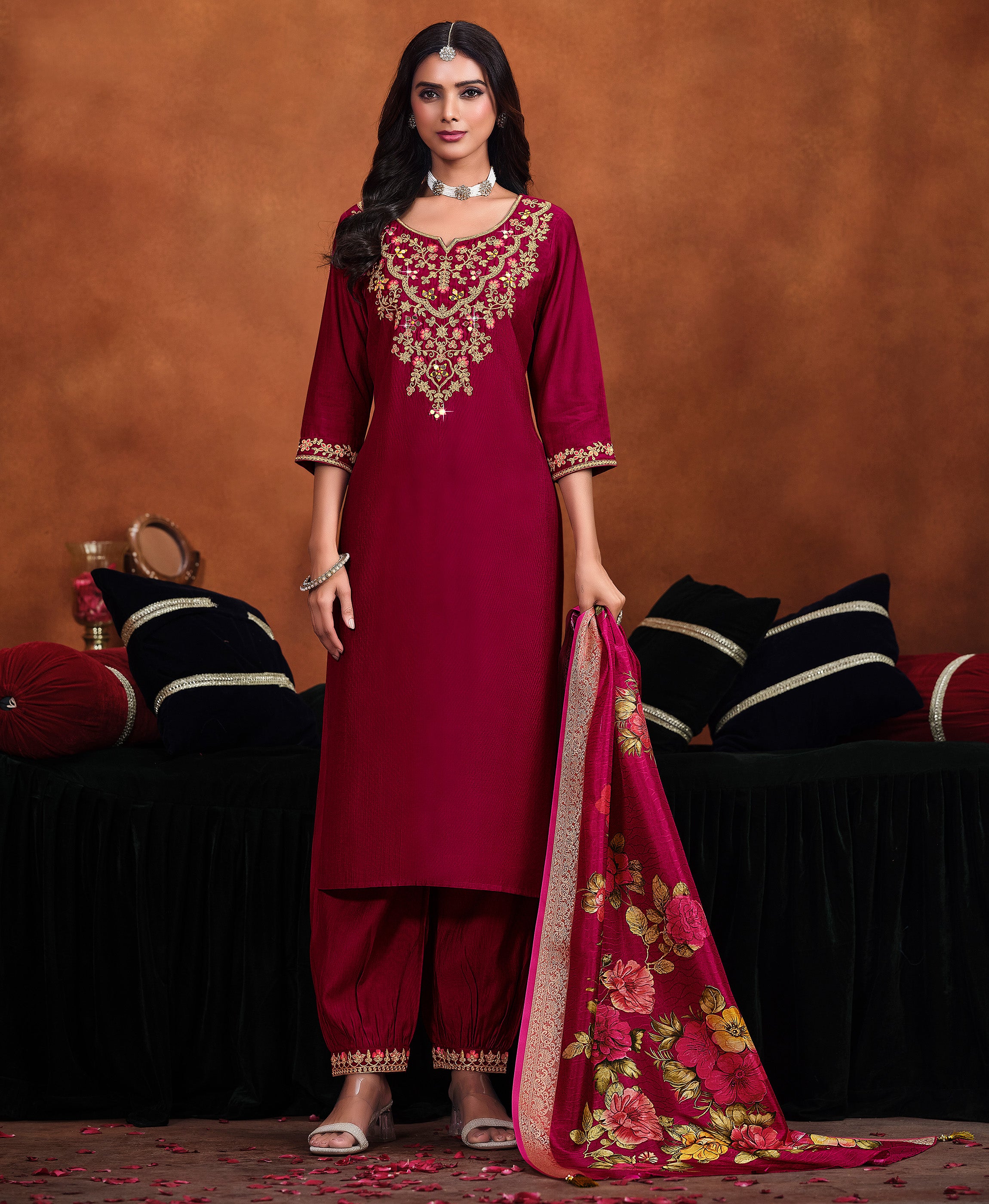 Maroon Viscose Straight Festive & Party Kurta Set by Her Couture