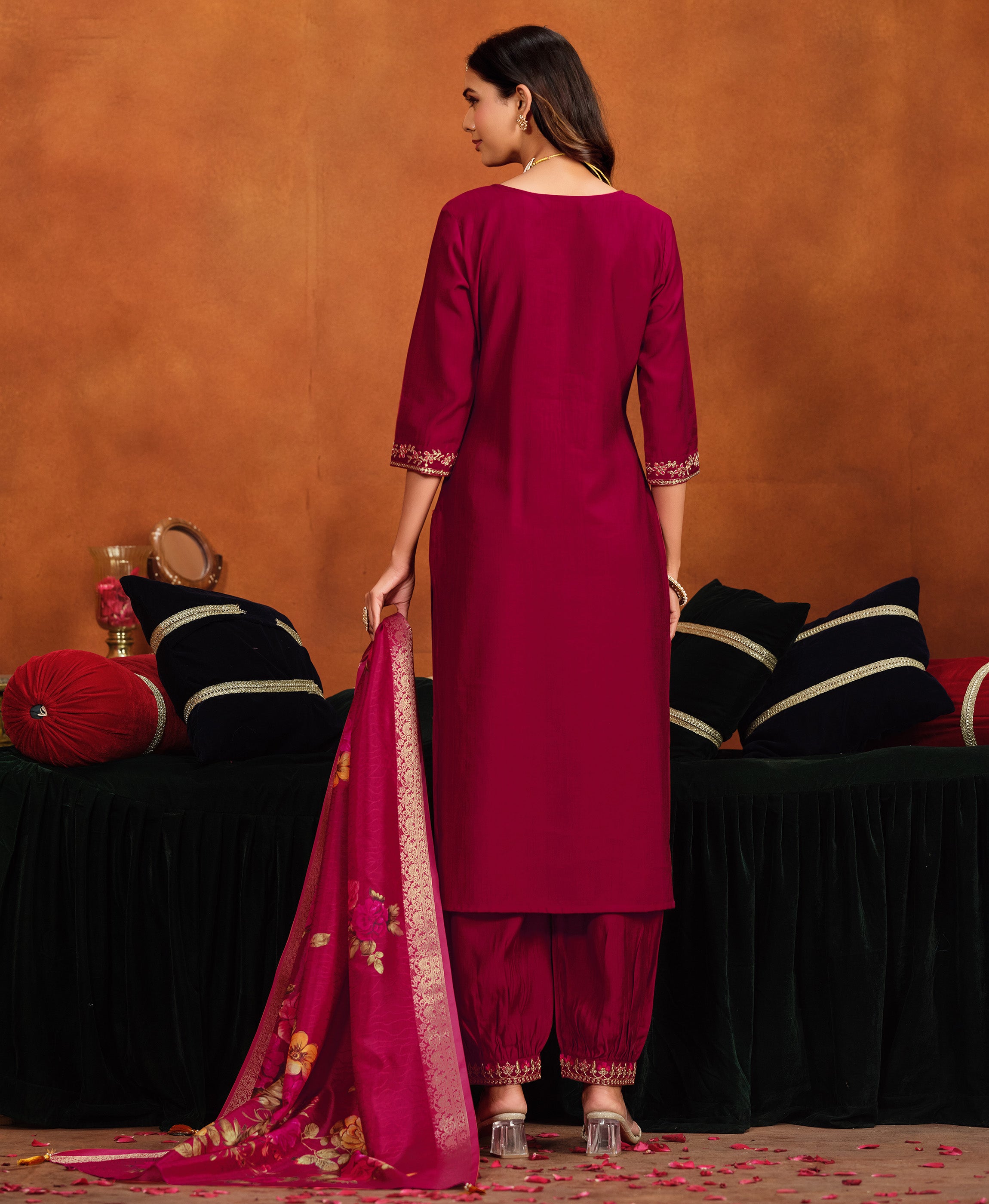 Her Couture Women's Maroon Viscose Floral Embroidered Straight Kurta With Afghani Salwar & Printed Dupatta