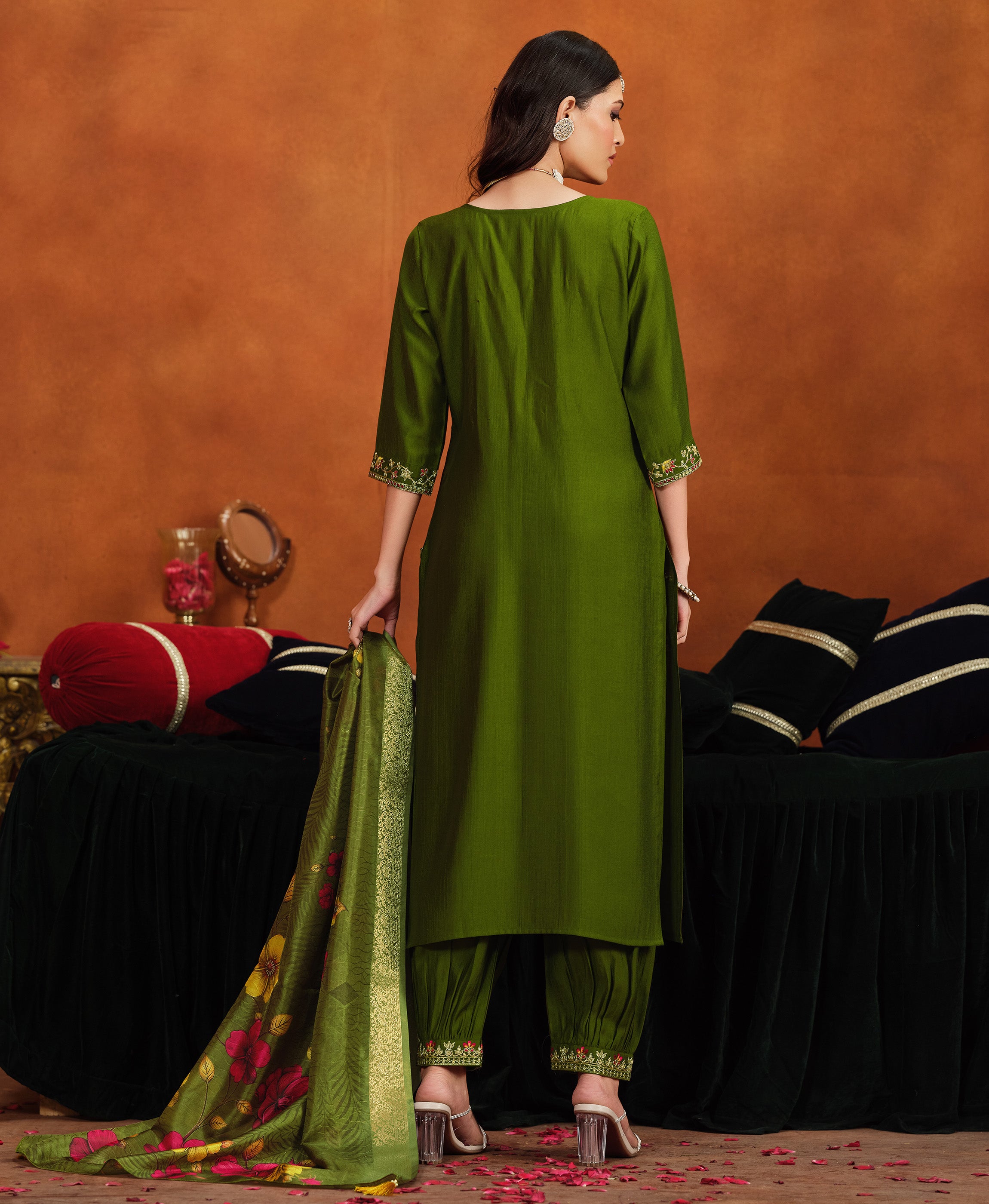 Her Couture Women's Green Viscose Floral Embroidered Straight Kurta With Afghani Salwar & Printed Dupatta