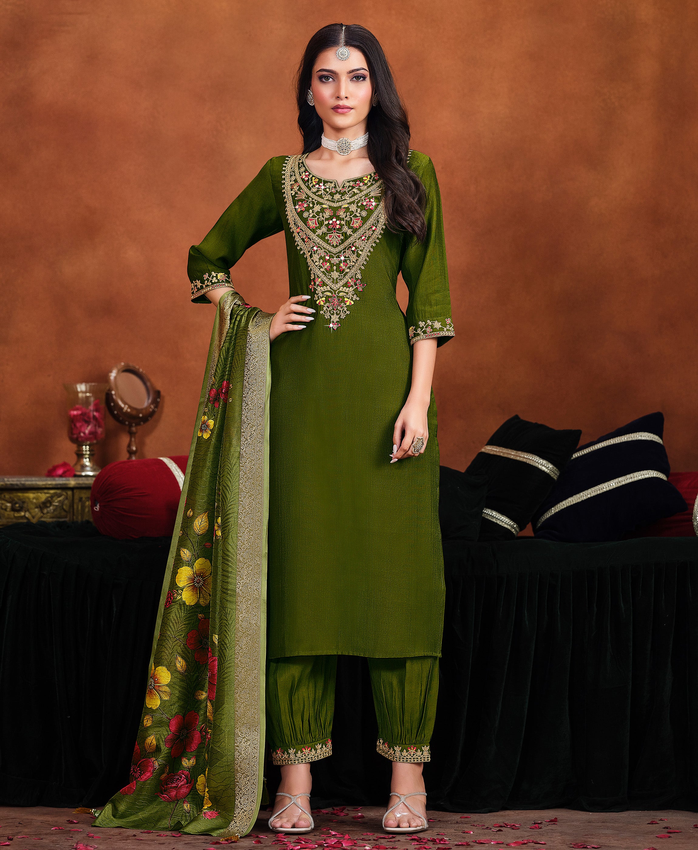 Green Viscose Straight Festive & Party Kurta Set by Her Couture