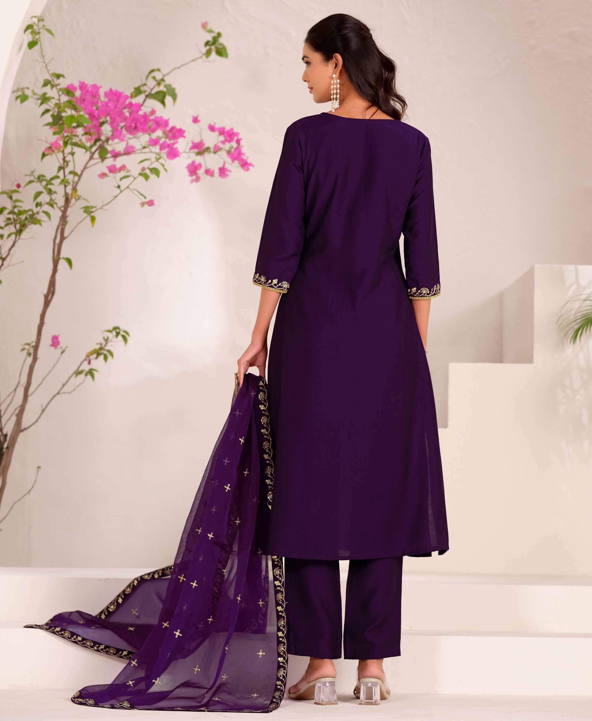 Her Couture Women's Wine Viscose Floral Embroidered Flared Kurta With Pant & Printed Dupatta