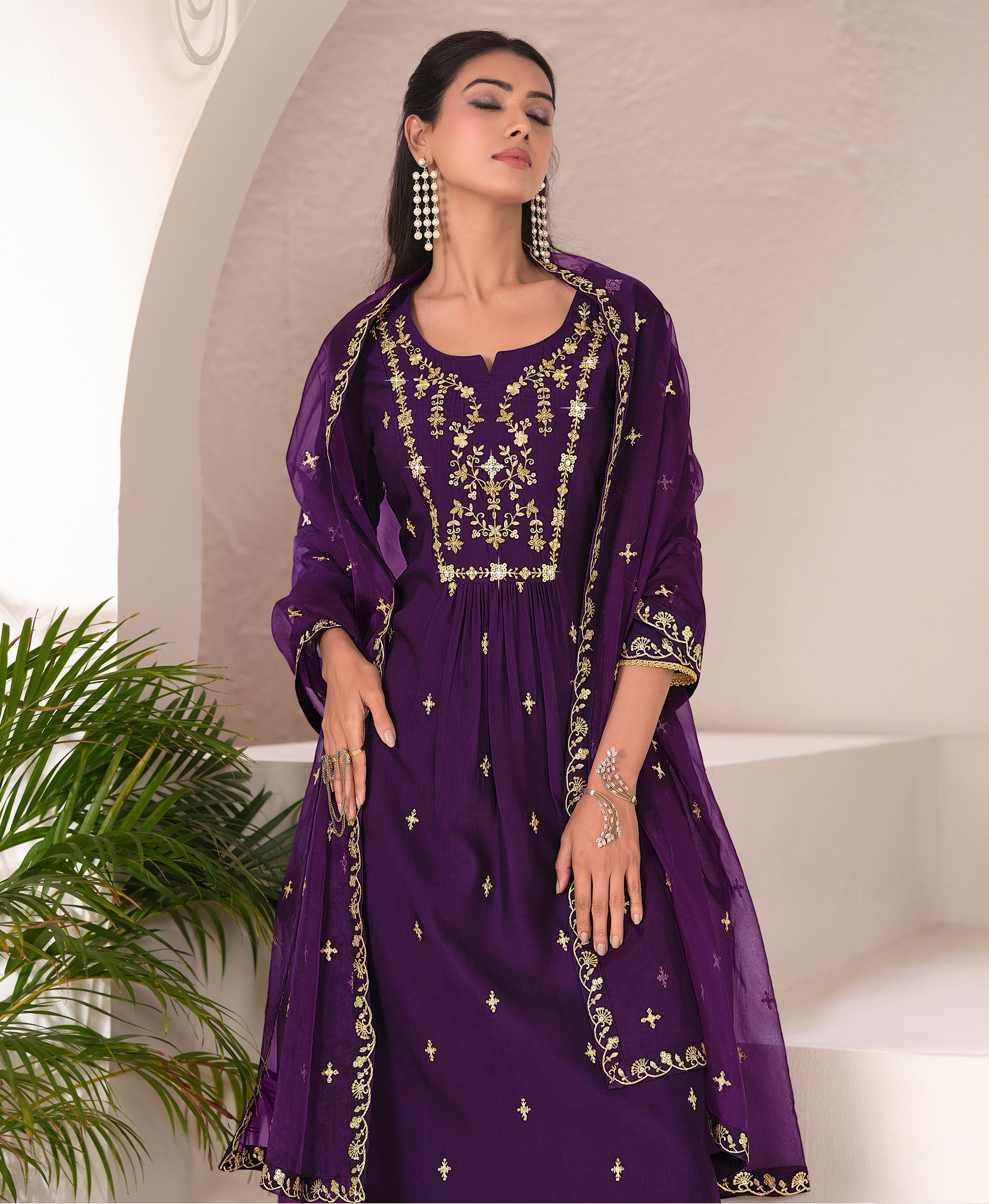 Her Couture Women's Wine Viscose Floral Embroidered Flared Kurta With Pant & Printed Dupatta