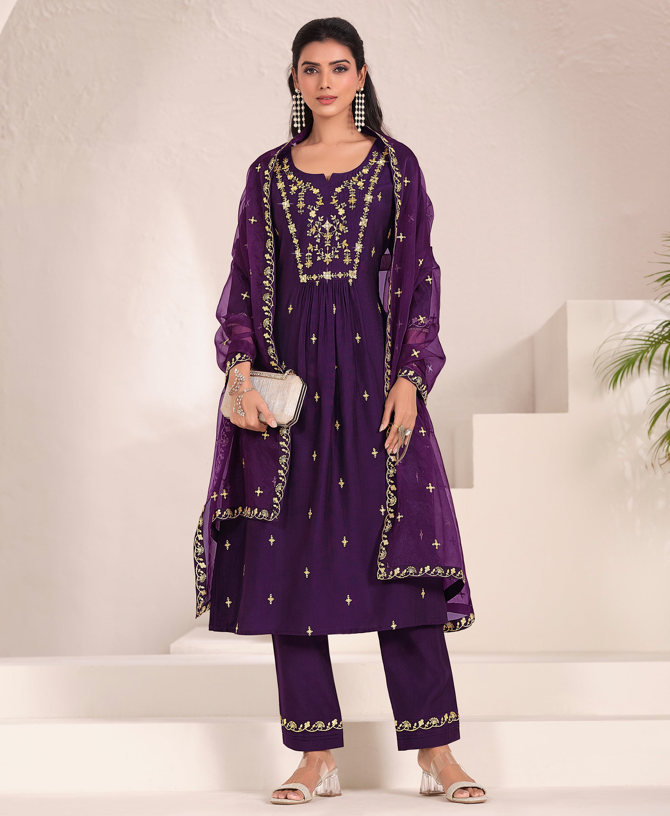 Her Couture Women's Wine Viscose Floral Embroidered Flared Kurta With Pant & Printed Dupatta