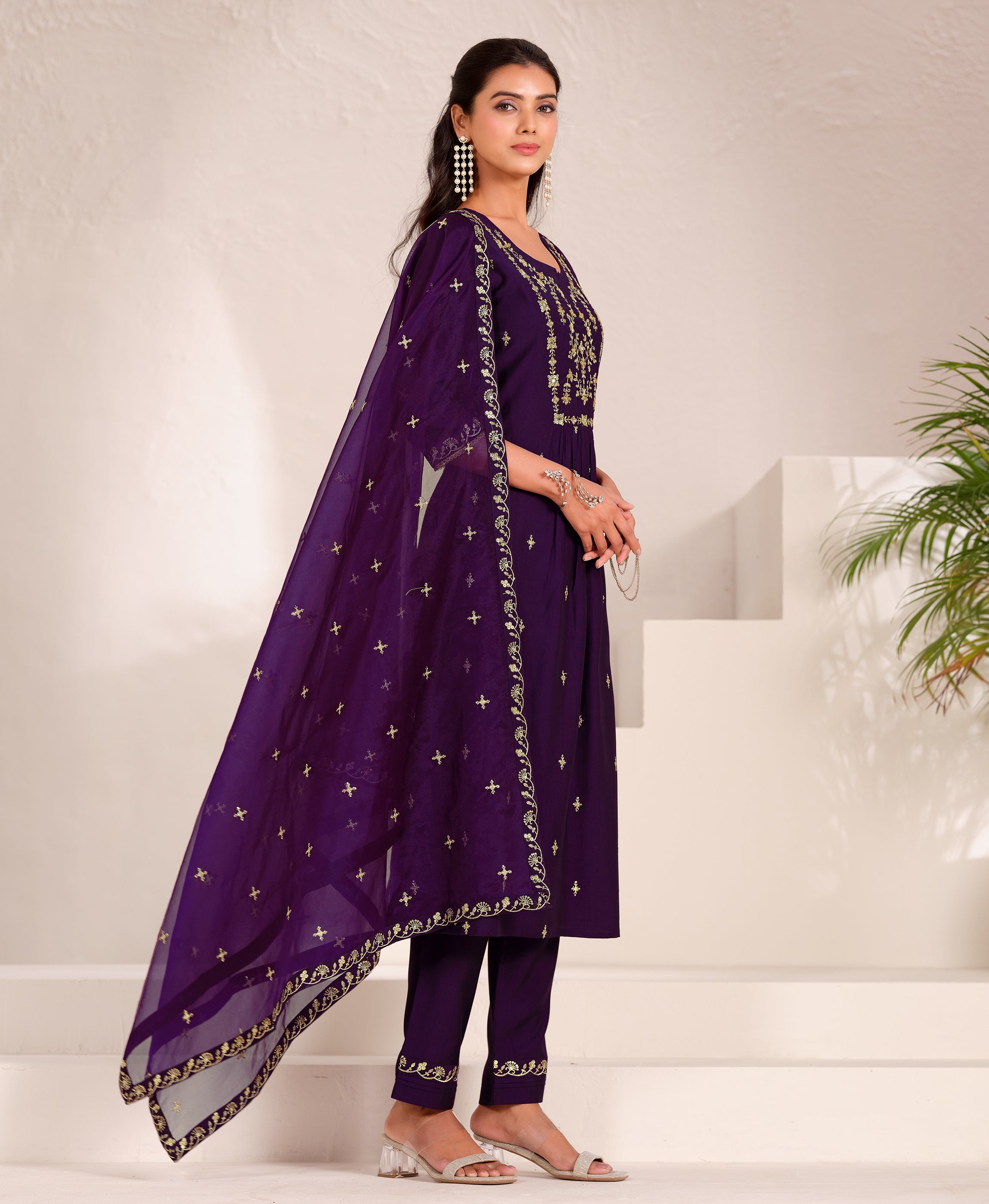 Her Couture Women's Wine Viscose Floral Embroidered Flared Kurta With Pant & Printed Dupatta