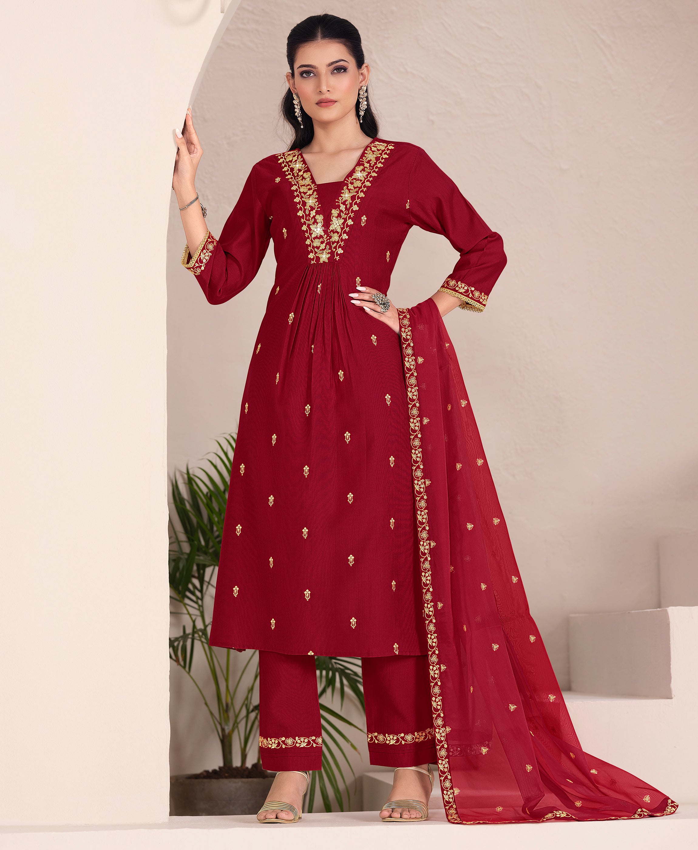 Maroon Viscose Flared Festive & Party Kurta Set by Her Couture