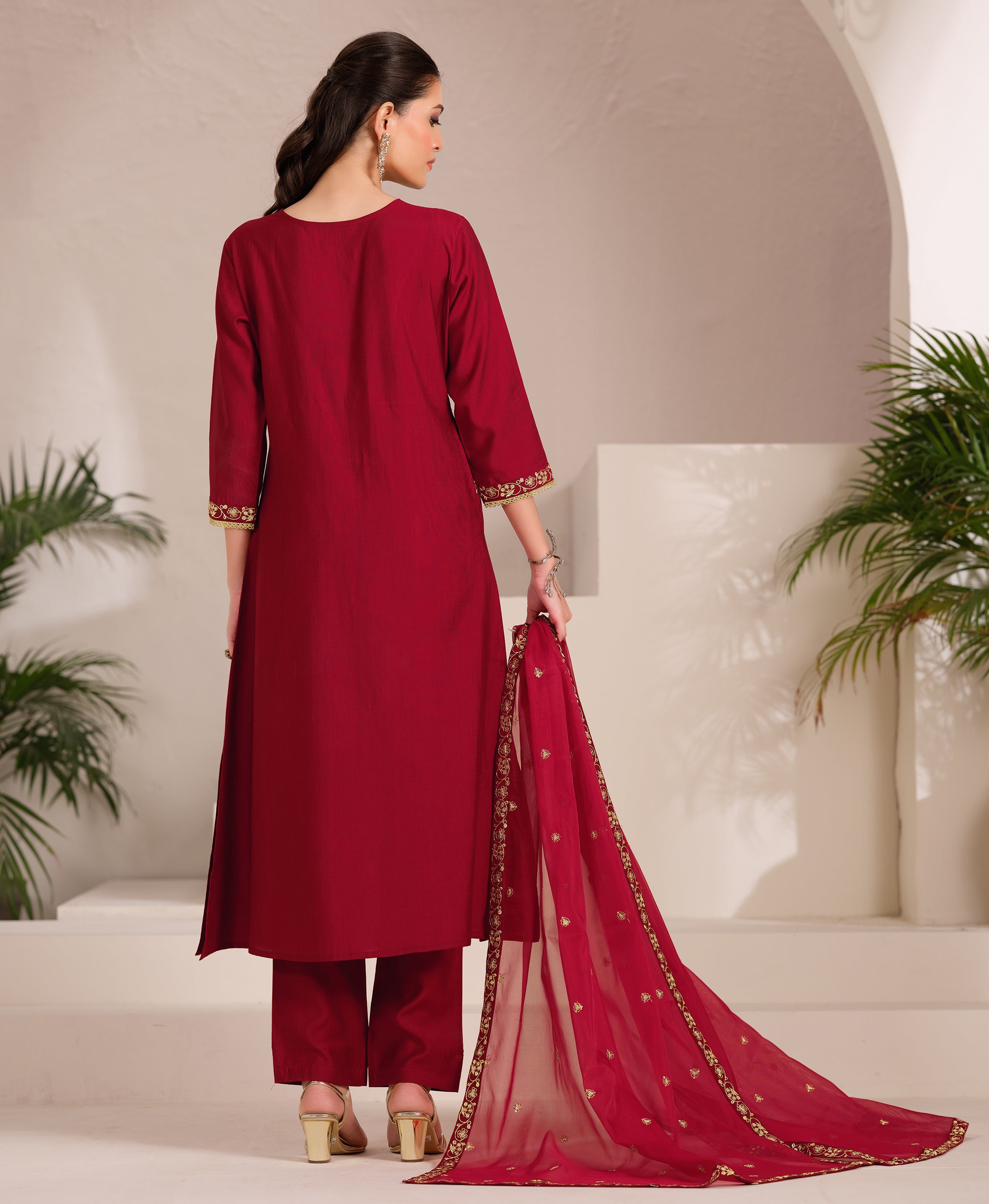 Her Couture Women's Maroon Viscose Floral Embroidered Flared Kurta With Pant & Printed Dupatta