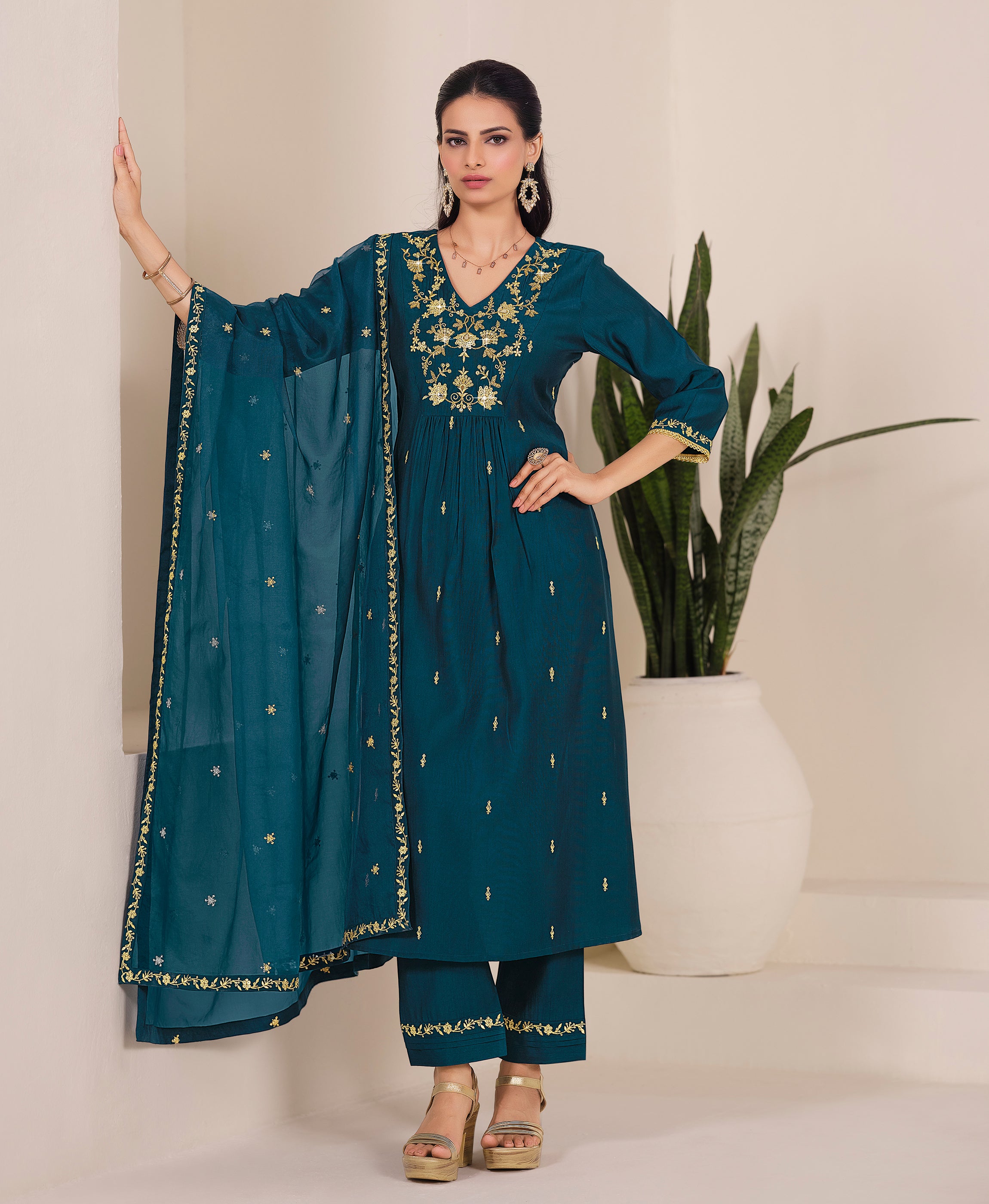 Teal Viscose Flared Festive & Party Kurta Set by Her Couture
