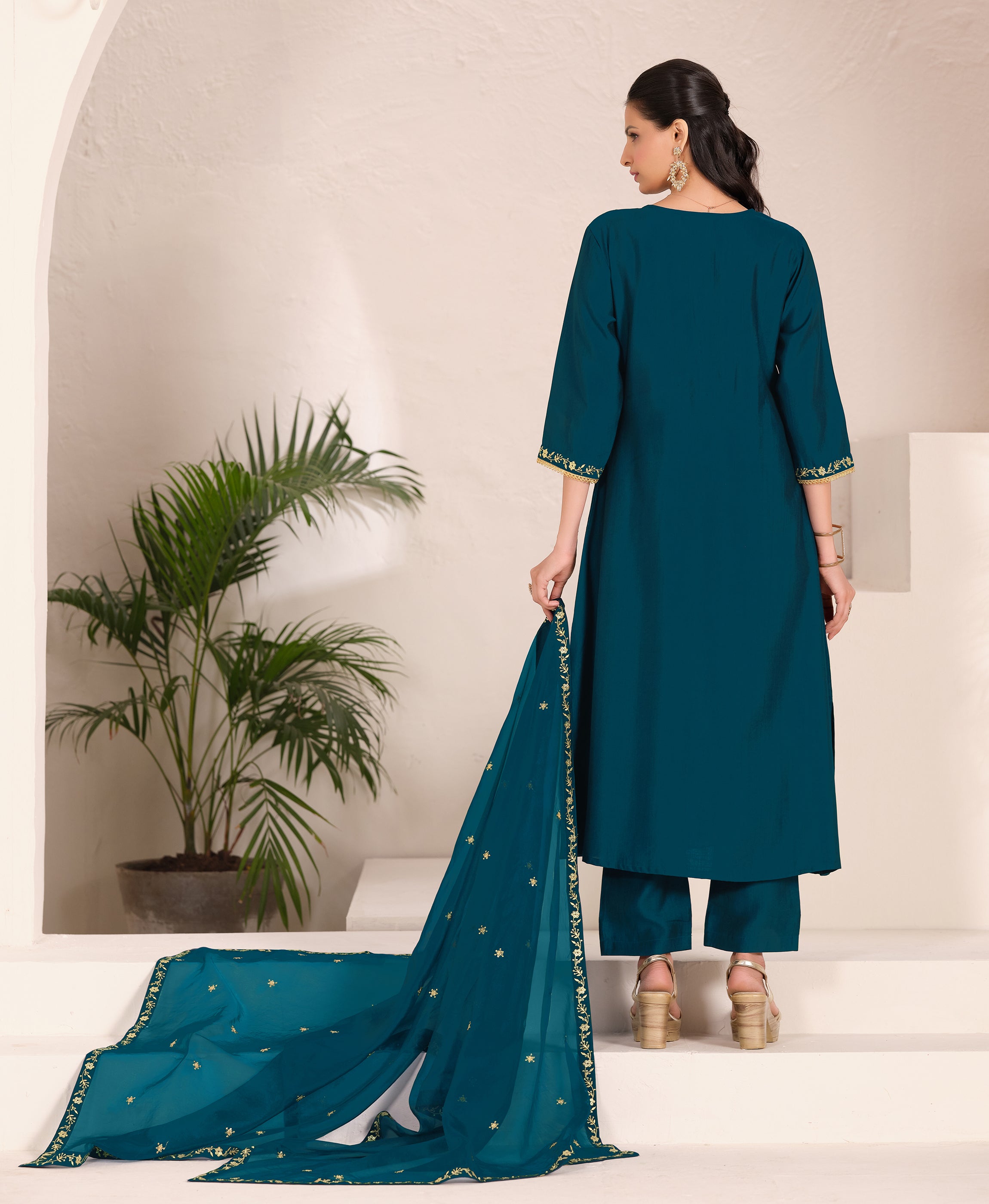 Her Couture Women's Teal Viscose Floral Embroidered Flared Kurta With Pant & Printed Dupatta