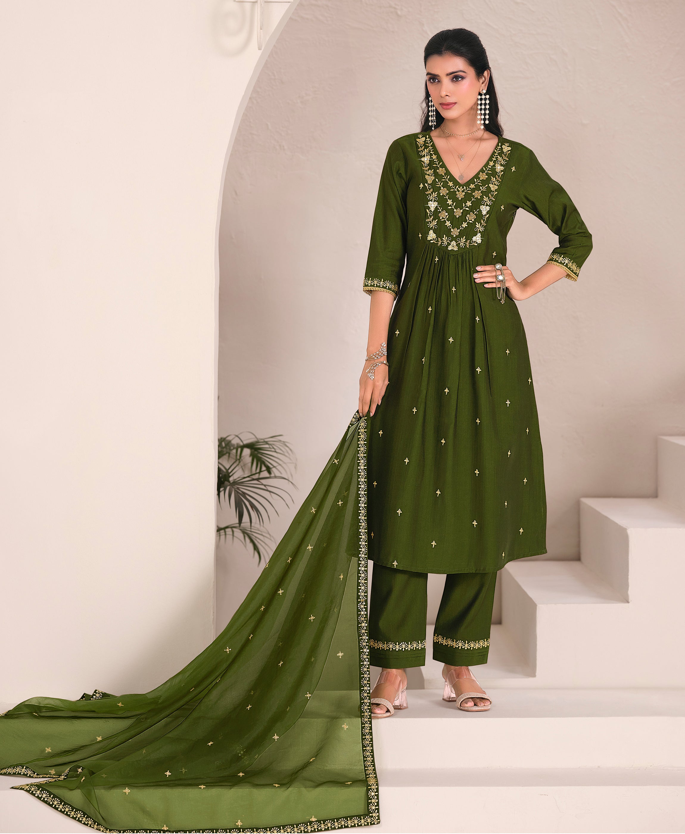 Green Viscose Flared Festive & Party Kurta Set by Her Couture