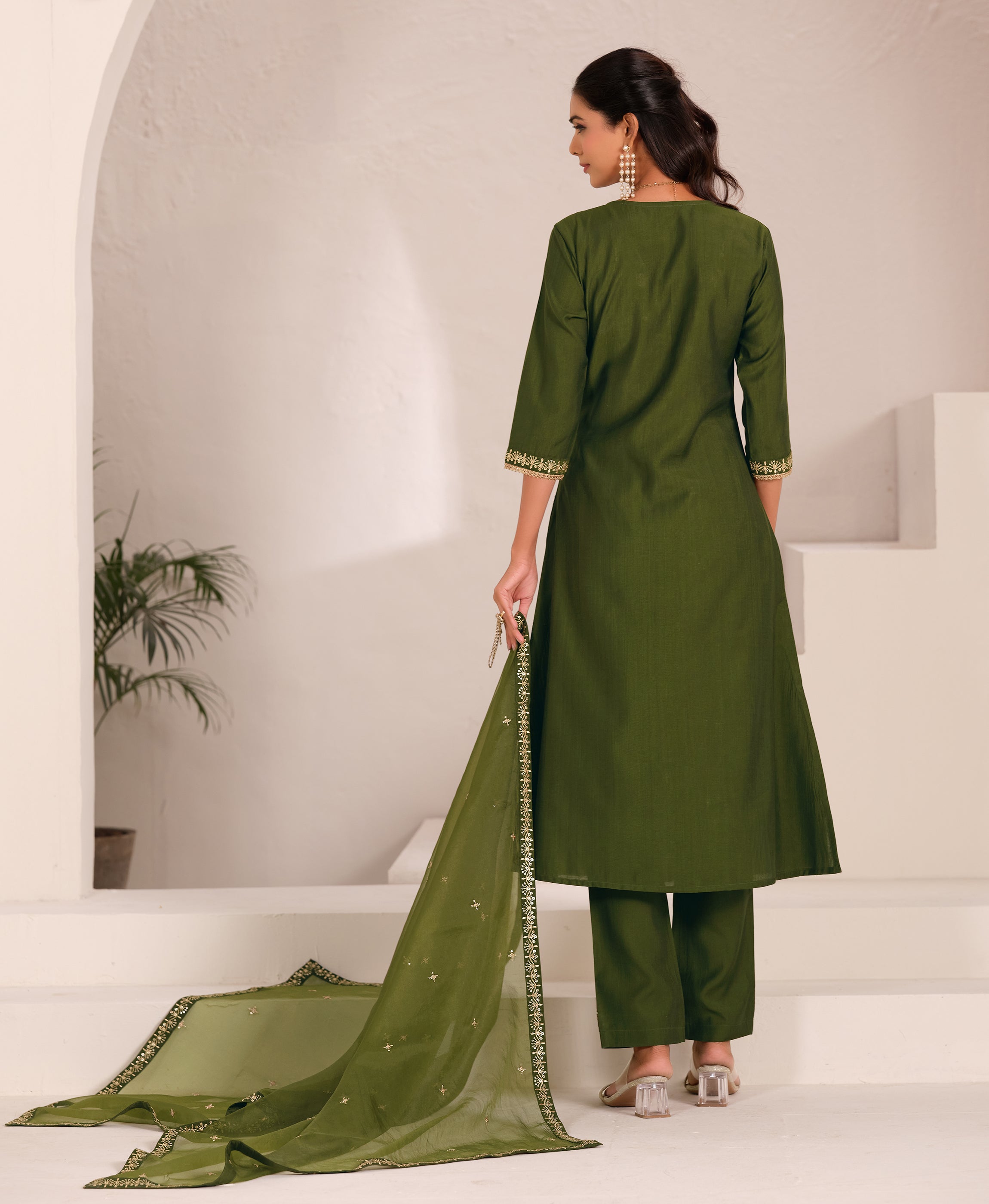 Her Couture Women's Green Viscose Floral Embroidered Flared Kurta With Pant & Printed Dupatta