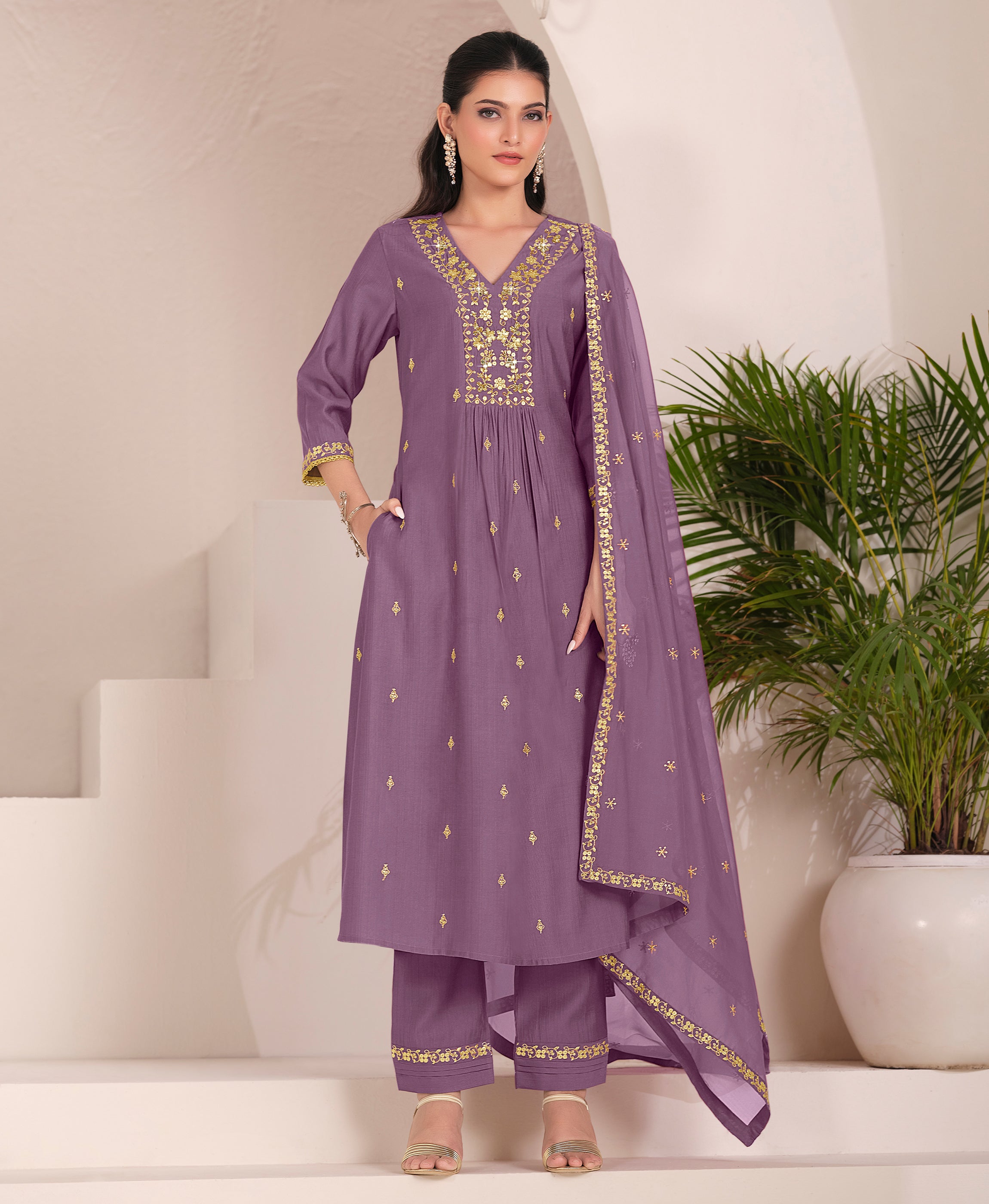 Lavender Viscose Flared Festive & Party Kurta Set by Her Couture