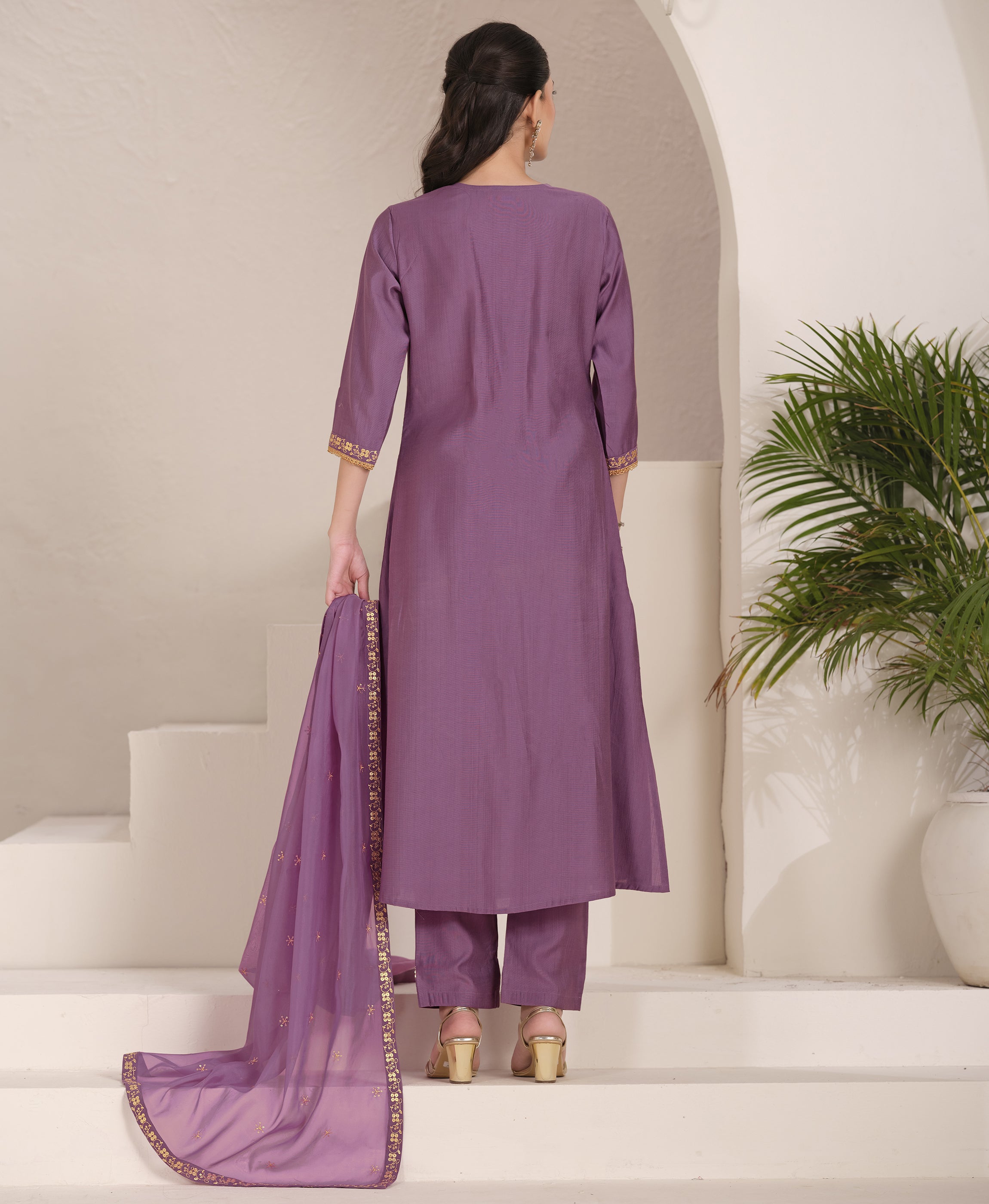 Her Couture Women's Lavender Viscose Floral Embroidered Flared Kurta With Pant & Printed Dupatta